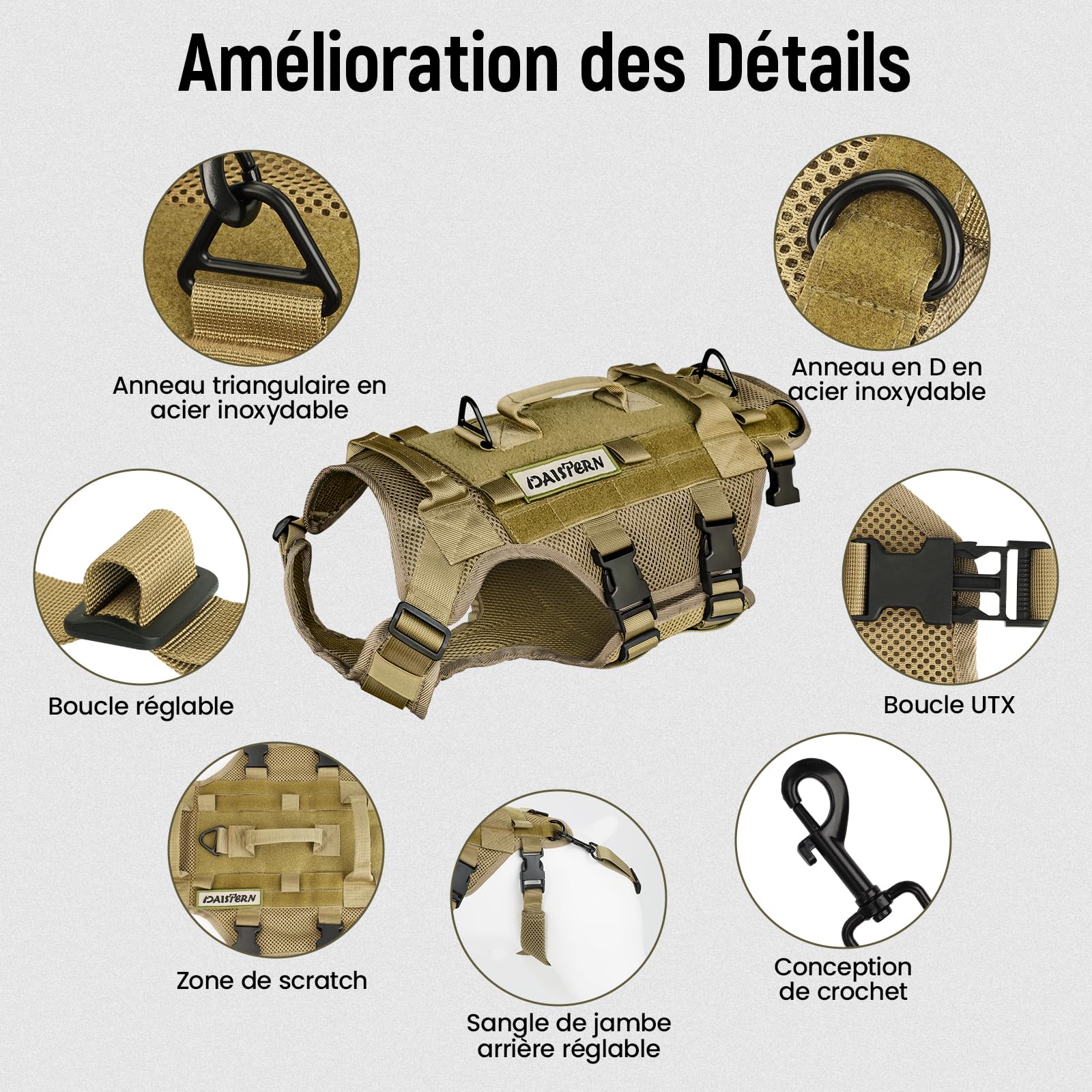 Harnais Anti-Traction Chien Taille L, Harnais Tactique pour Chien en Tissu en Maille Sandwich Respirant, Arnet Poignées et Leggings Arrière Amovibles Conçu pour Chasse Entraînement