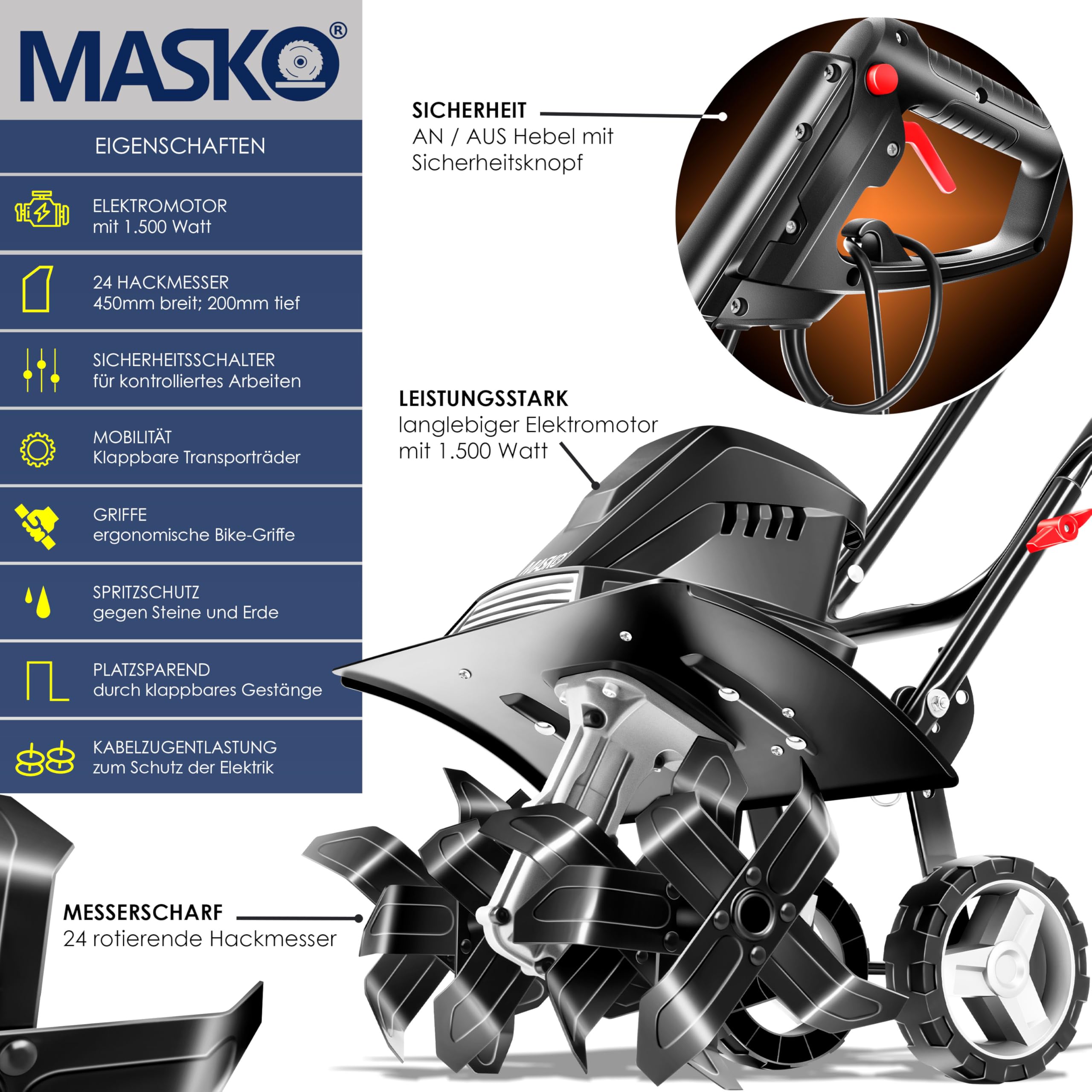 MASKO® Motorhacke elektrisch | Gartenfräse 1500 Watt 45cm Breite 20cm Tiefe | Bodenhacke Ackerfräse Kultivator | Elektro Hacke | klappbarer Handgriff Metallgehäuse | Transporträder & Zubehör | schwarz
