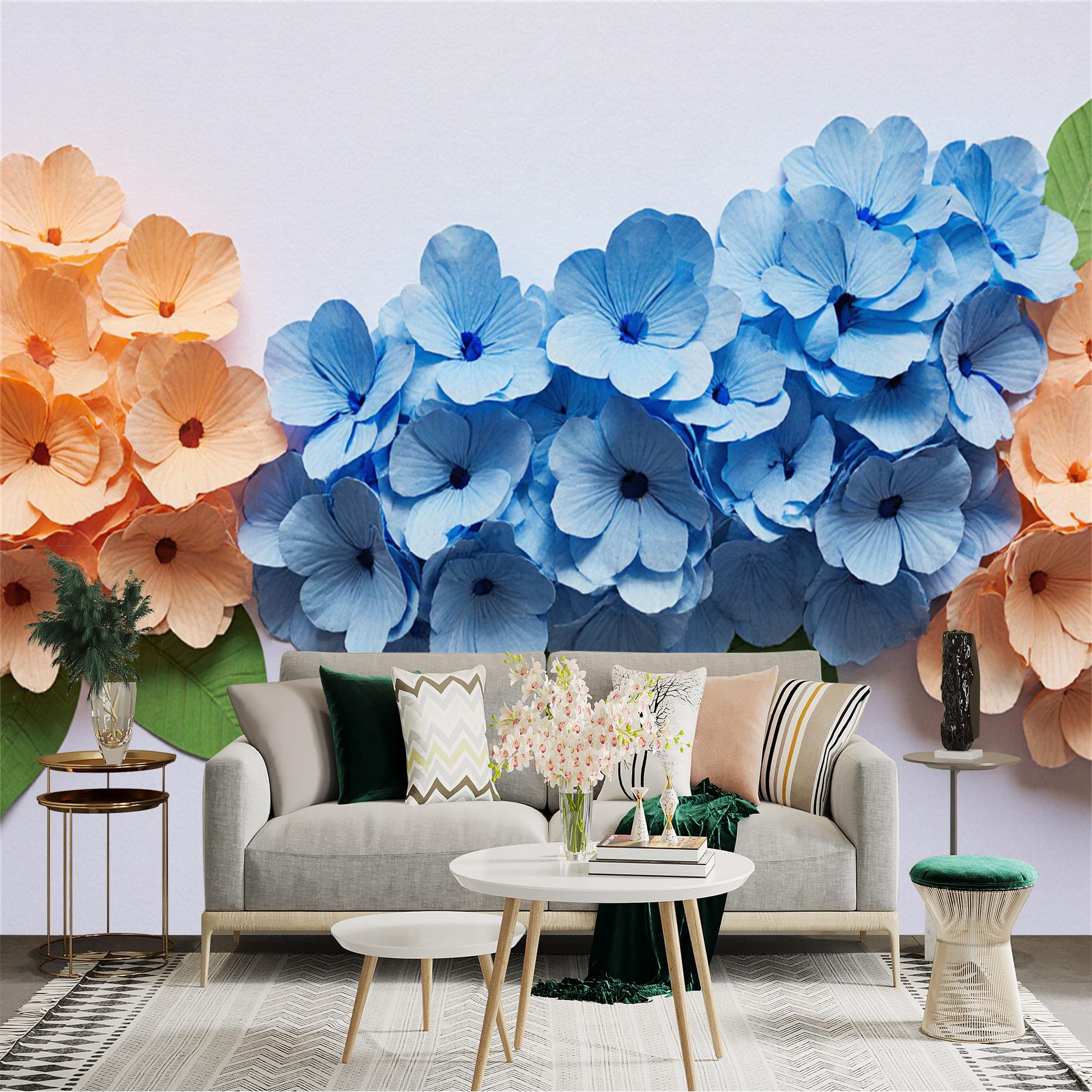 Custom Size Wall Sticker Mural， Blue and Peach Hydrangea Flowers， Botanical Art Decor， Elegant Floral Arrangement， for wall Decoration， peelandstick wall Decals.