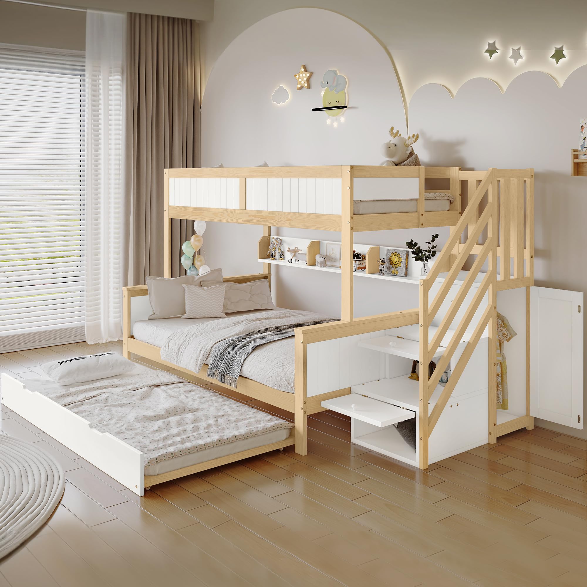 Lettino Per Bambini In Legno Massello 90x200 Cm Con Letto Estraibile E Porte USB - Bianco, Multifunzionale Con Cassetti E Ripiani, Soweiz
