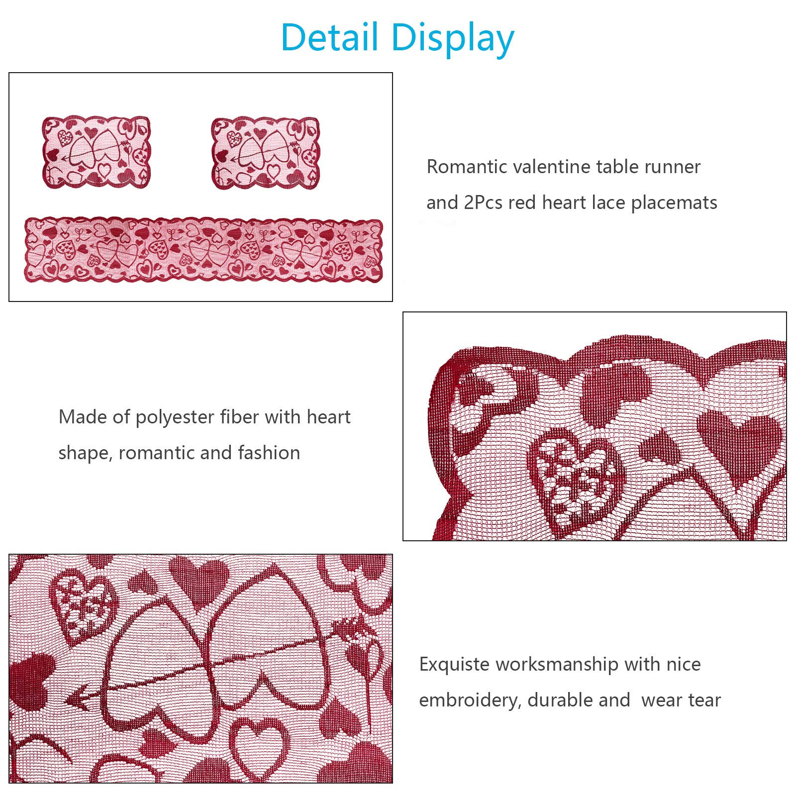 Set Romantico 2 Tovagliette + Runner In Pizzo Cuore Rosso - 183x33cm, Poliestere, Per San Valentino E Matrimonio
