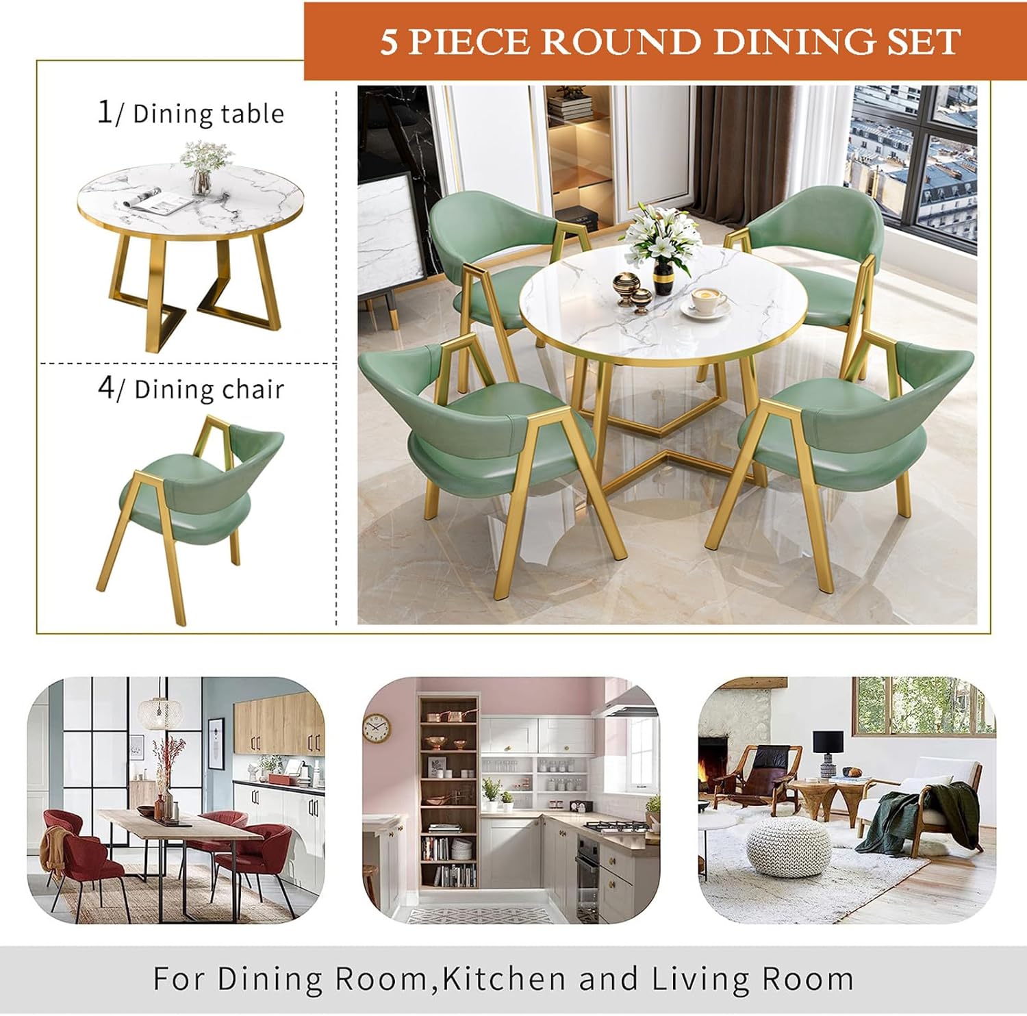 Modern Round Dining Table Set For 5,5-piece Dining Table Set 1 Table And 4 Chairs,marble Top Round Dining Table And Dining Chairs,mid-century Marble Coffee Table For Home Kitchen Dining Furniture Green 31.5" table+4 chairs