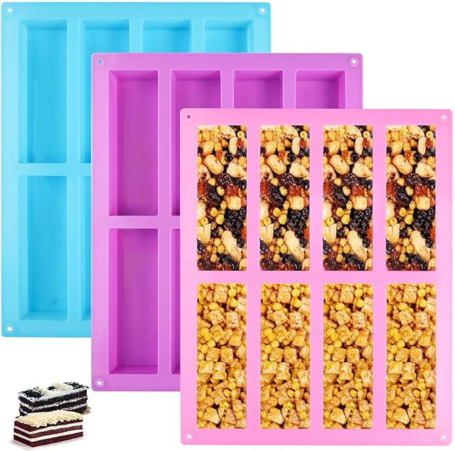 Surflyee 3PCS Silicone Granola Bars Mould 8 Cavity Rectangle, Chocolate Bar Mould, Energy Cereal Bars Mould, Silicone Cake Mould for Baking, Silicone Bar Mould for Protein Candy Fudge Bars