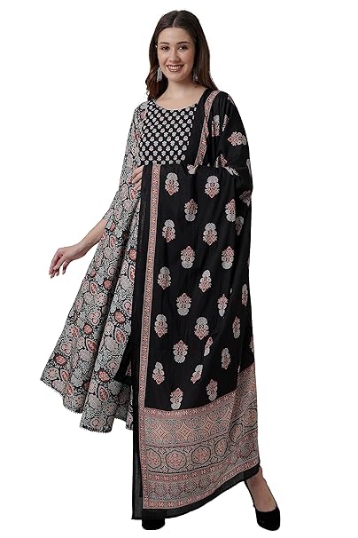 Arayna Women's Cotton Anarkali Kurta Set with Dupatta and Palazzo Pants, Ajrakh Printed Black Kurti