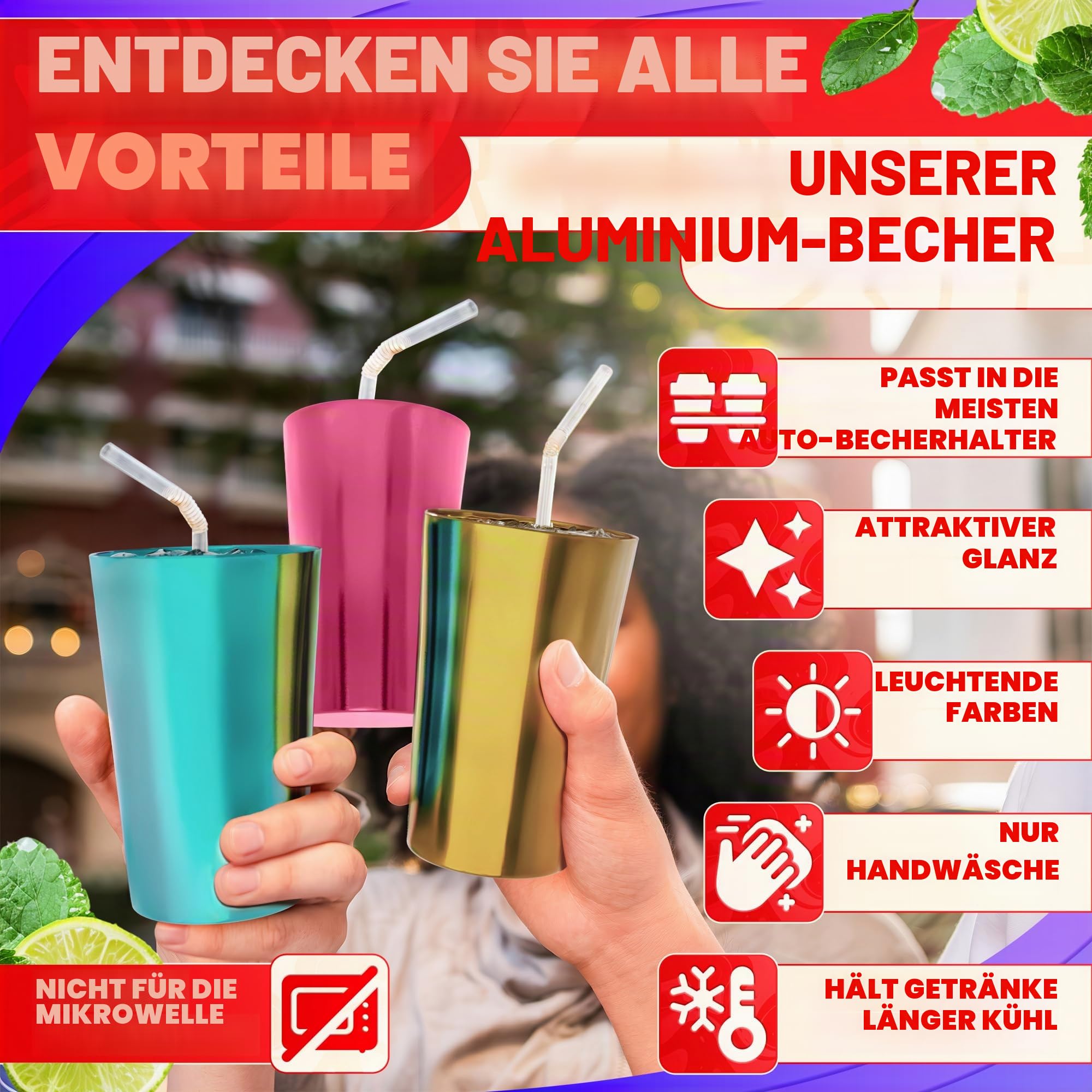 Wiederverwendbare Aluminiumbecher, 425 ml, 6 Stück, Metallbecher zum Trinken, bunte Metallbecher, Trinkgläser, eloxiertes Aluminium, ideal für Partys, Camping, heiße und kalte Getränke, nur Handwäsche