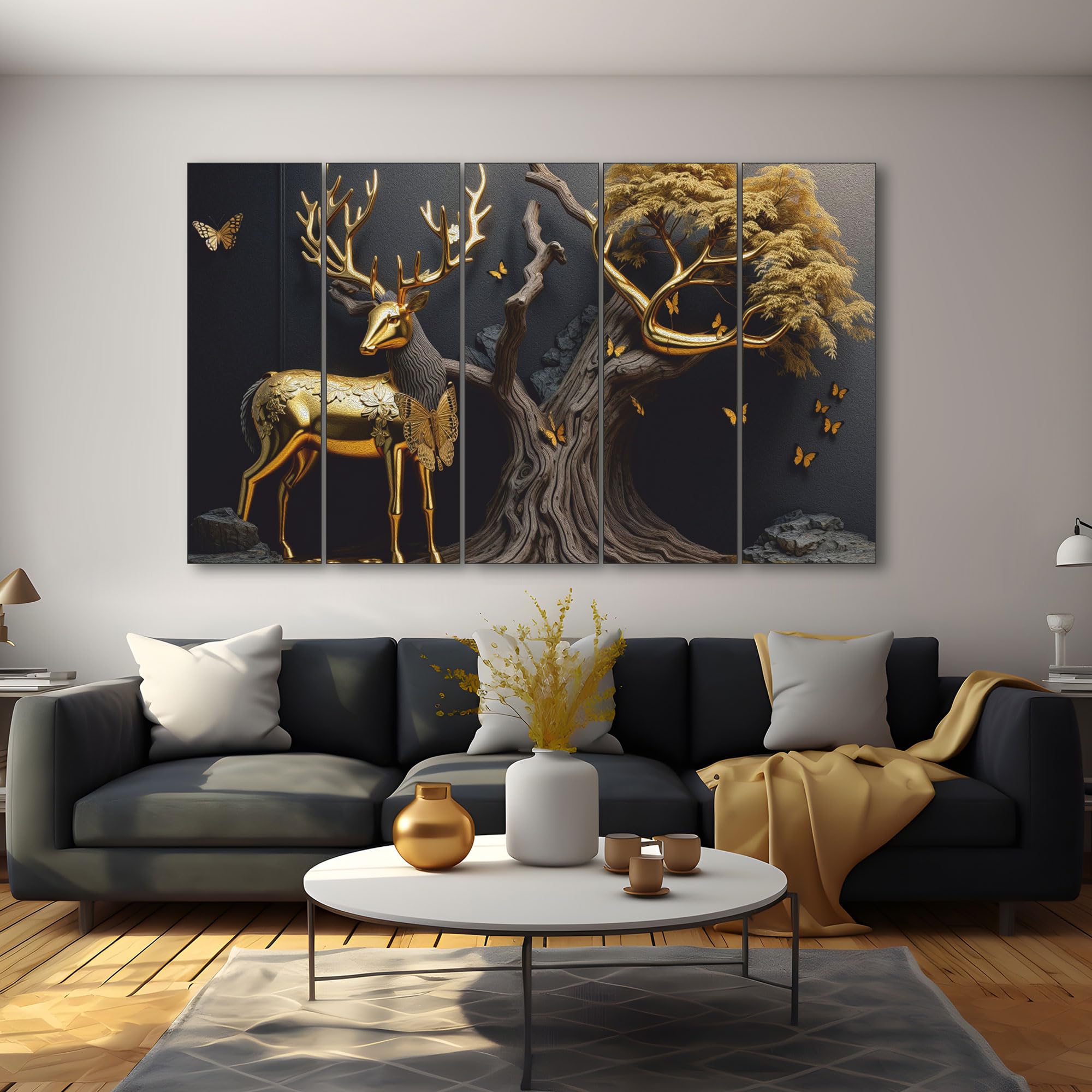 The Castle Decor Golden Deer Wall Painting for Living Room Big Size - Deer Wall Painting for Bedroom, Office, Drawing Room, Hotel - Elegant Wall Decor Art for Home Decoration, Gifting (27x48 inch)-picture-11