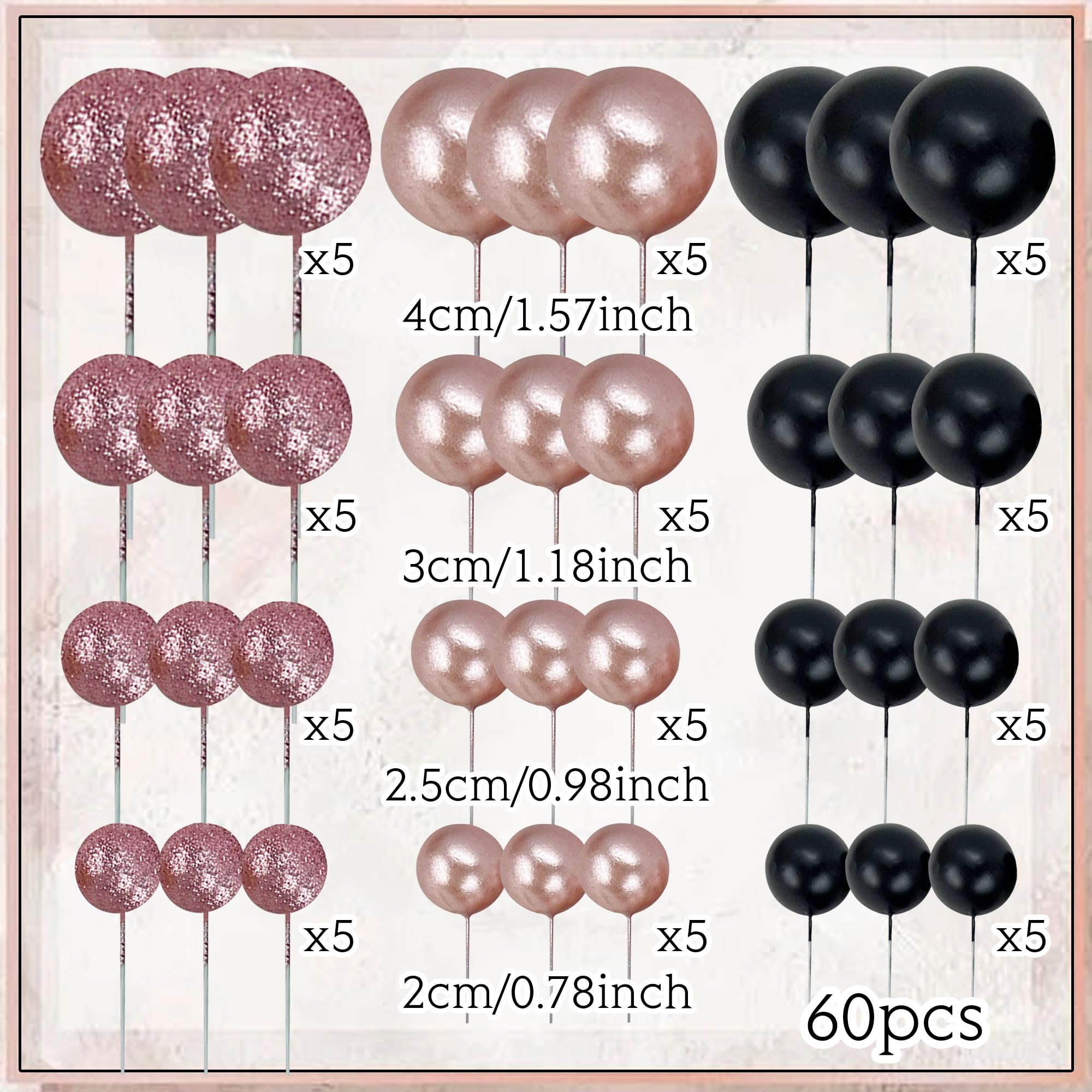 60pcs Rose Gold Black Balls Cake Topper Balloons Cupcake Topper DIY Cake Insert Topper Cake Balls Baking Decoration for Wedding Anniversary Birthday