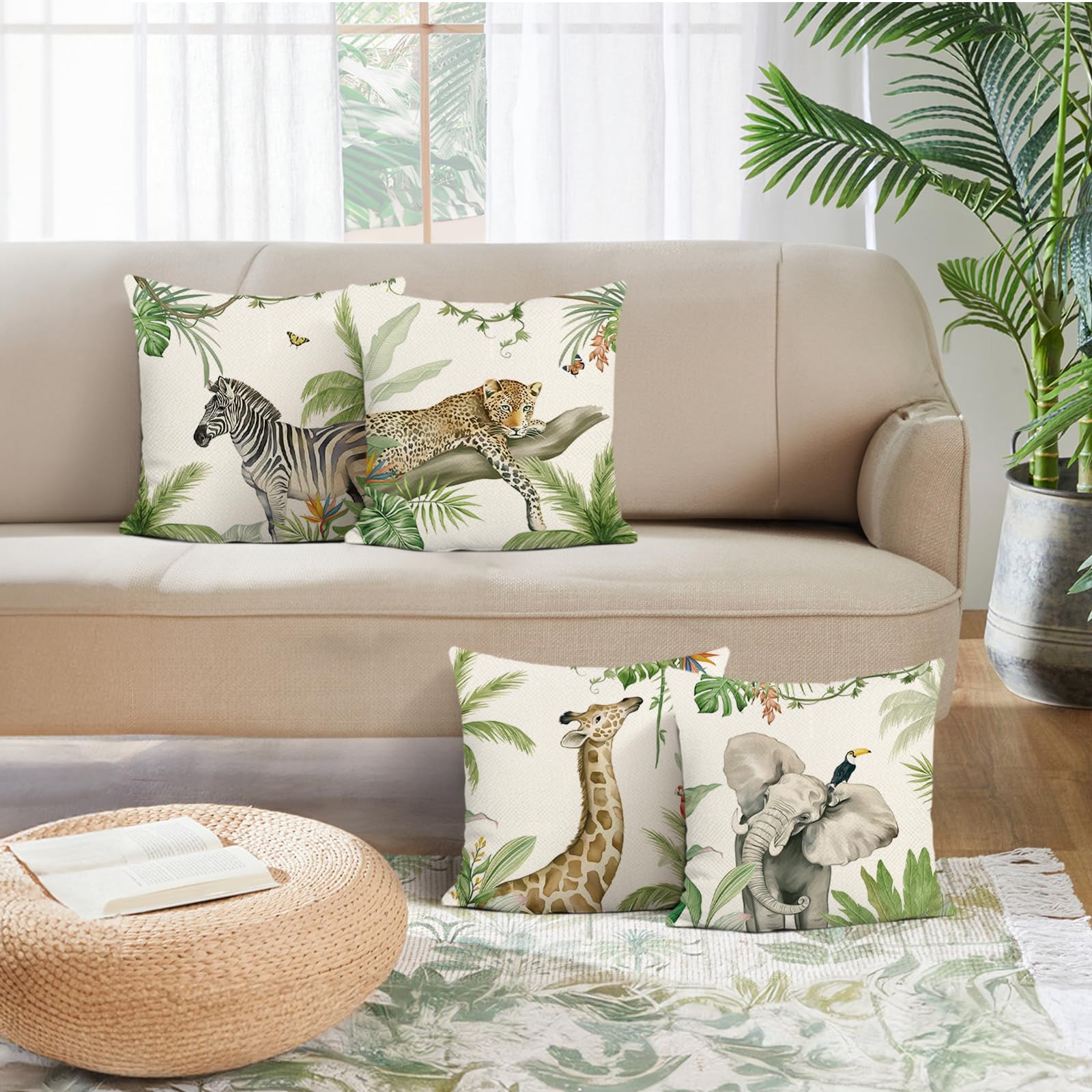 Bonhause Tropical Animals Cushion Covers 45 x 45 cm Elephant Giraffe Leopard Zebra Decorative Throw Pillow Covers for Sofa Bed Home Garden Outdoor Summer Decor Set of 4 - Image 2