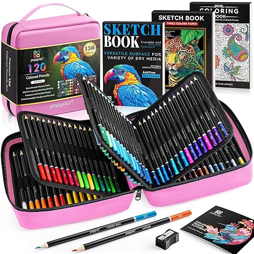 136 PCS Pencil Crayons Set for Adult Coloring Books, 120 Colored Pencils with 3-Color Sketchbook, Coloring Book, Sketchbook, Sharpener, Soft Core Coloring Pencils for Beginners Professionals Hobbyists - Pink