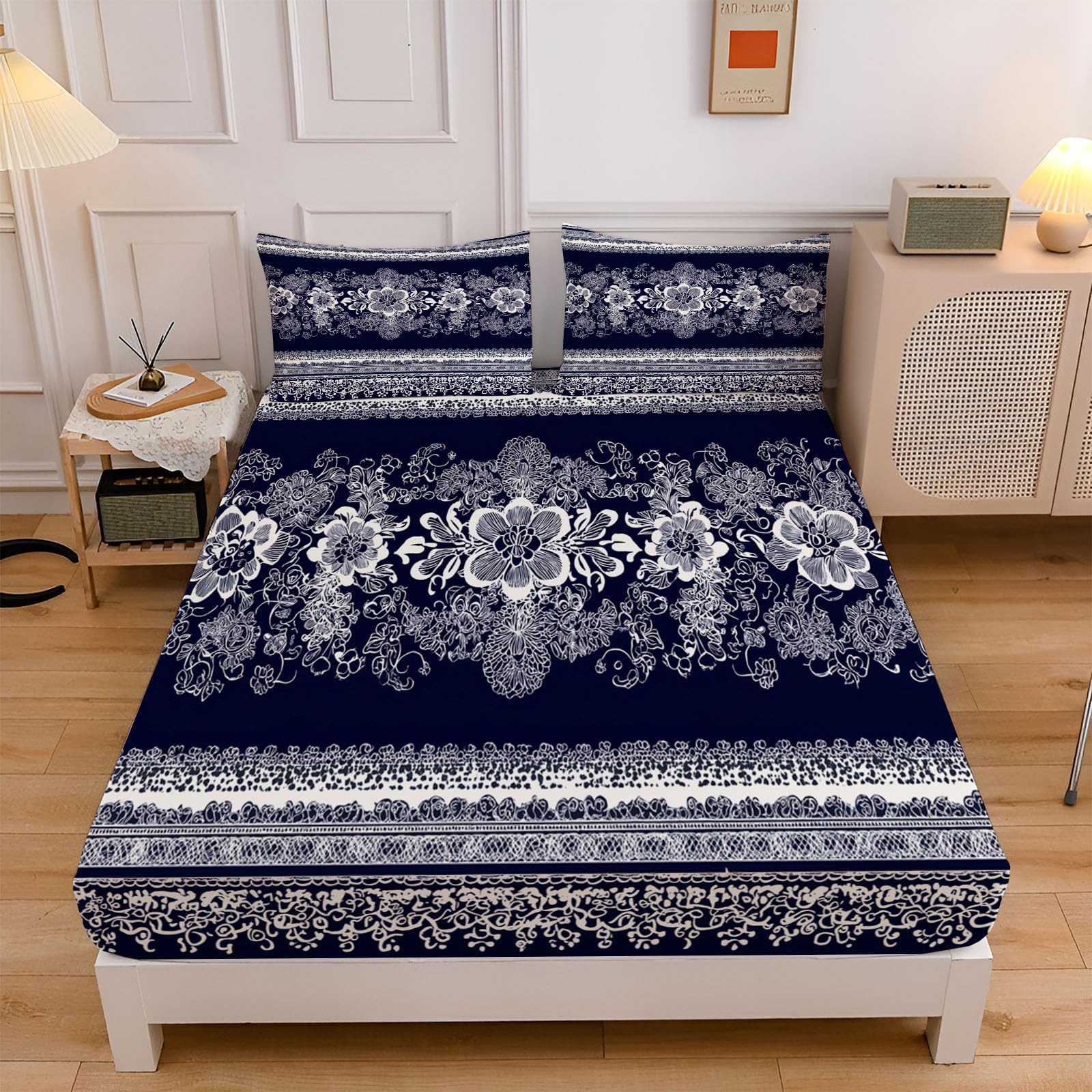 Housse matelas avec bonnet élastique 30 cm au design mandala en dentelle géométrique