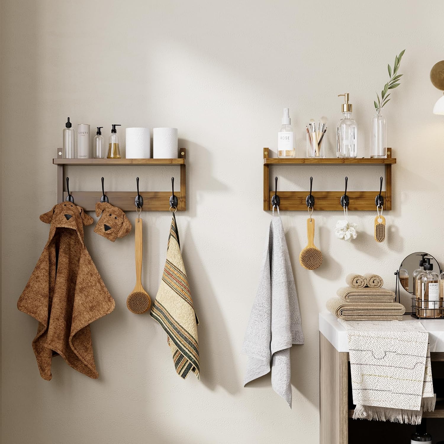 STELLSTAR Coat Rack with Shelf Wall Mount, Entryway Bamboo Hanging Shelf, Set of 2, Wall Hook Rail for Hallway Décor, Storage Clothe, Hat, Robe, Key, Dog Leash (Walnut)
