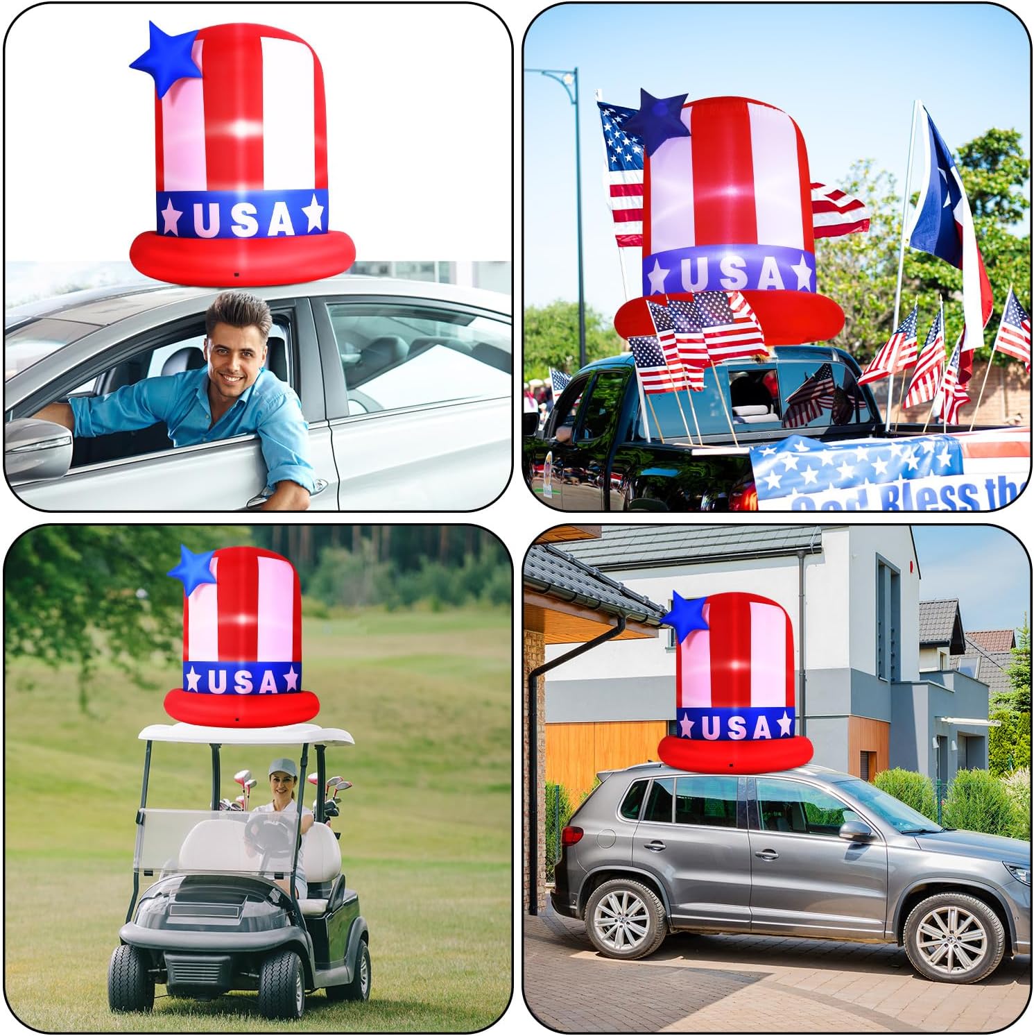 Gejoy 4ft 250th Anniversary Inflatables Hat with Lighted 4th of July Parade Golf Cart Decoration Patriotic Independence Day Spangled and Star Hat Top Blow up Car Roof Decor Outdoor Garden Yard(USA)