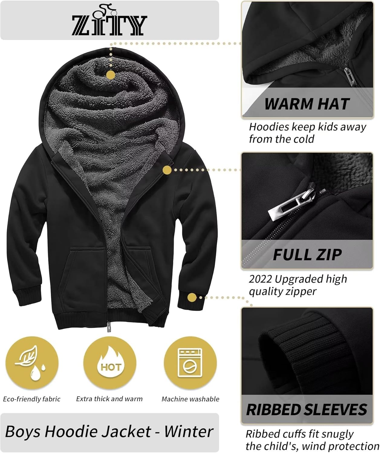 ZITY Boys Zip Up Hoodie Fleece Jacket Kids Sherpa Lined Sweatshirts Outerwear Unisex Warm Winter Coat 6-15 Years Old - Image 4
