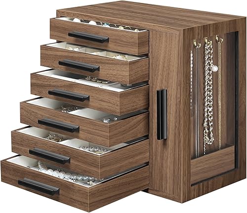 HOOBRO Joyero para mujer, caja organizadora de joyas, caja de joyería de madera de 6 niveles, joyero con ventana lateral transparente, regalo