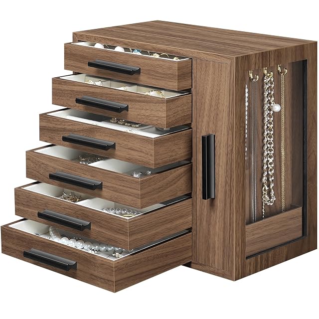 HOOBRO Jewelry Box for Women Jewelry Organizer Box 6-Tier Wooden Jewelry Box Jewelry Case with Side Transparent Window