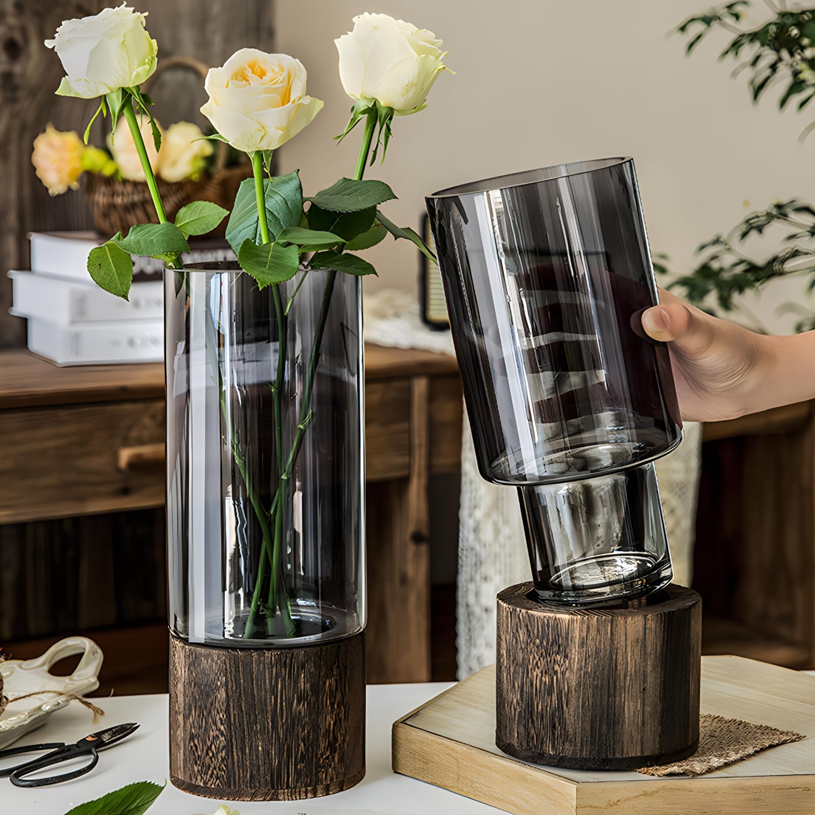 Glass Flower Vases,Wooden Base Cylindrical Vase for Flowers, Clear Vintage Vases Artistic and Cultural Flavor Glass Vases for Home Office Decor (M(4.7" W x 10" H))