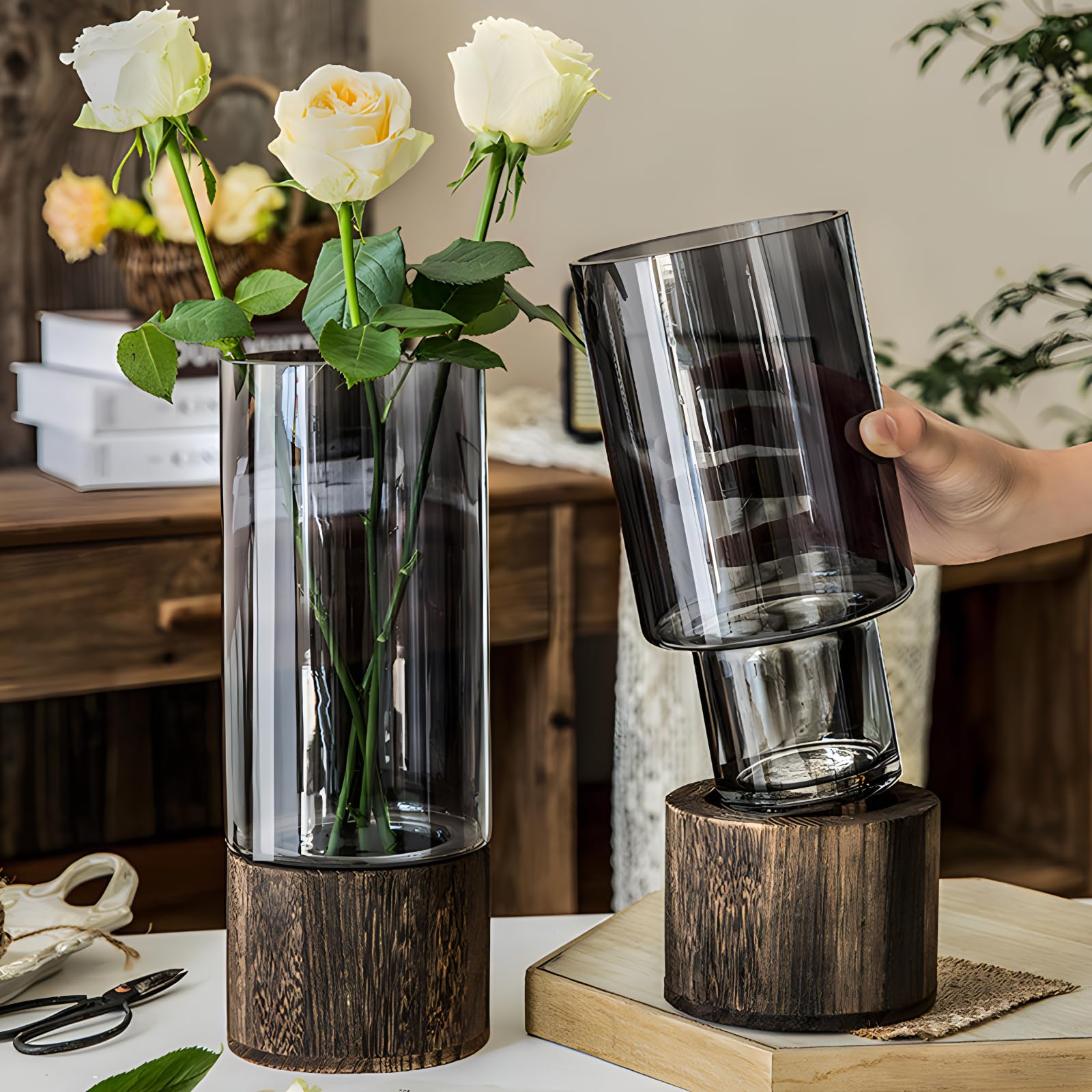 Glass Flower Vases,Wooden Base Cylindrical Vase for Flowers, Clear Vintage Vases Artistic and Cultural Flavor Glass Vases for Home Office Decor (M(4.7" W x 10" H))