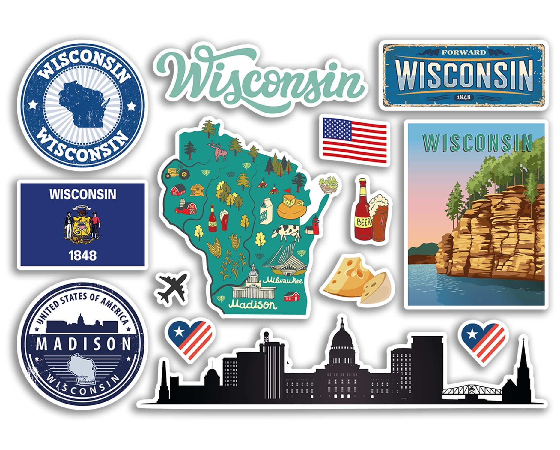 A5 Sticker Sheet Wisconsin Landmarks Vinyl Stickers - America States USA American Airport Stamps Skyline Flag Map Travel Holiday Scrapbooking City Luggage #79186