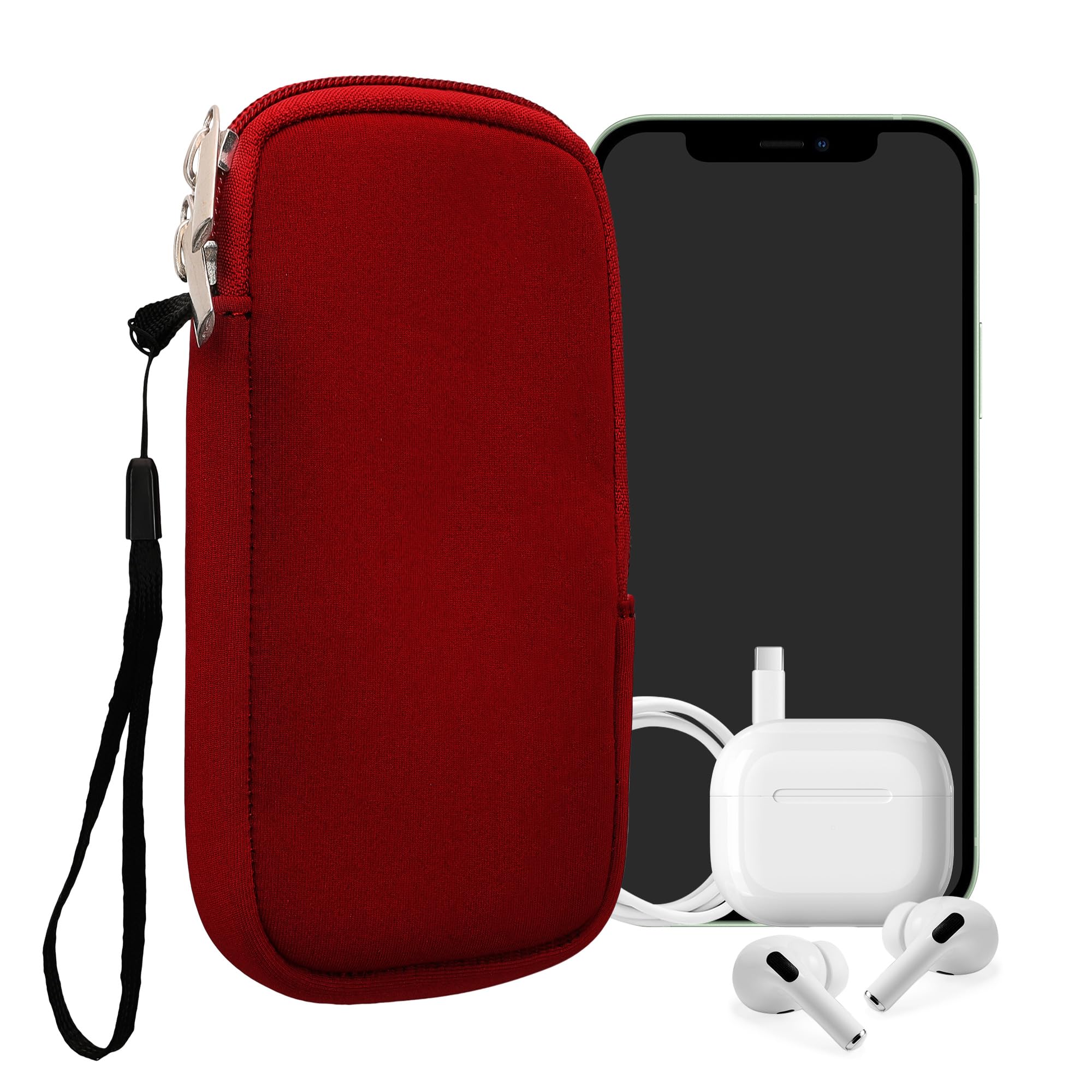 kwmobile Neoprene Phone Pouch Size M - 5.5" - Universal Cell Sleeve Mobile Bag with Zipper, Wrist Strap - Red