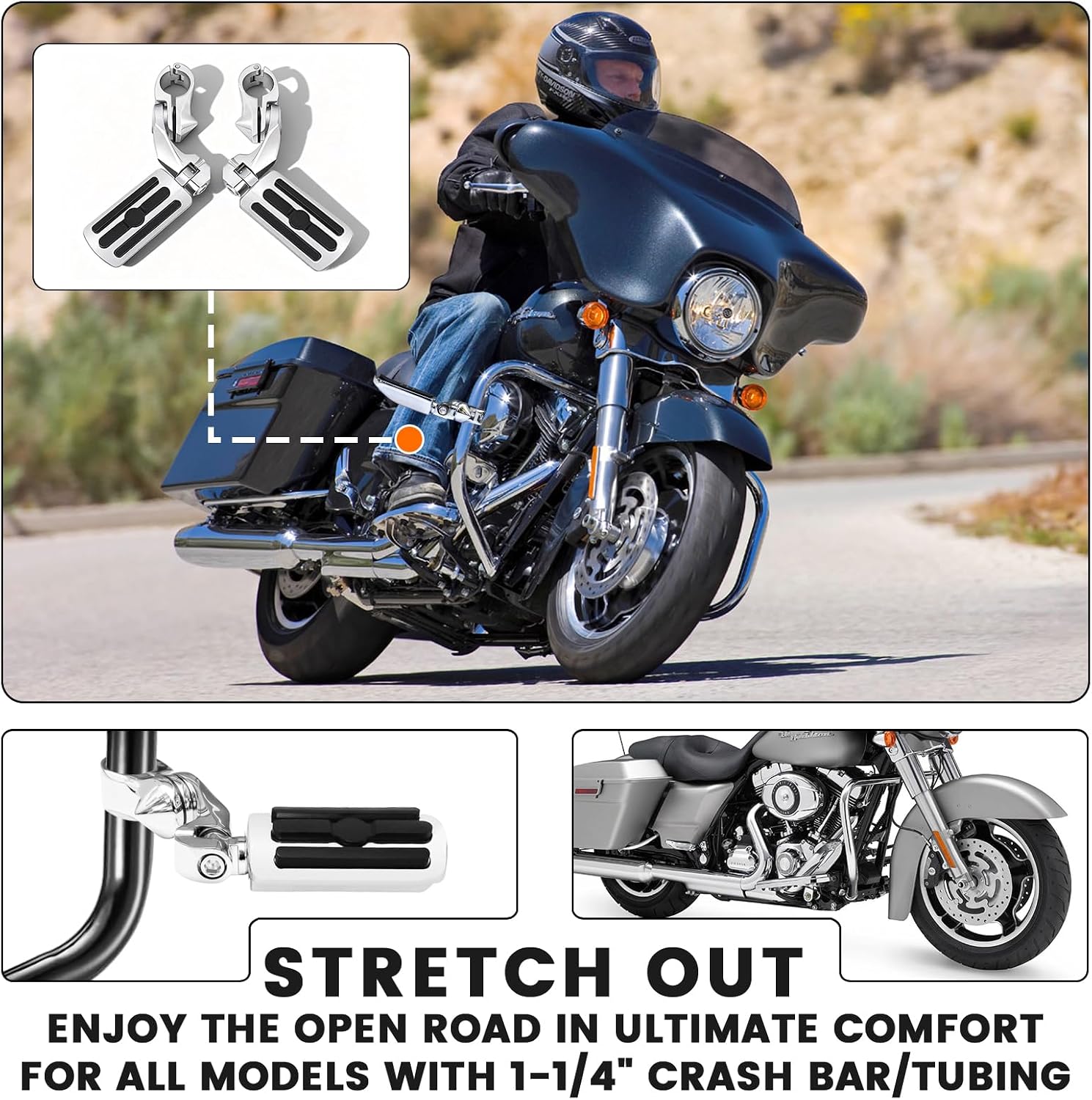1.25" Highway Long Angled Pegs Adjustable for Harley Davidson Touring Road King Road or Street Glide Electra Glide Dyna Sportster Softail 1 1/4" Engine Guard Foot Pegs, Chrome