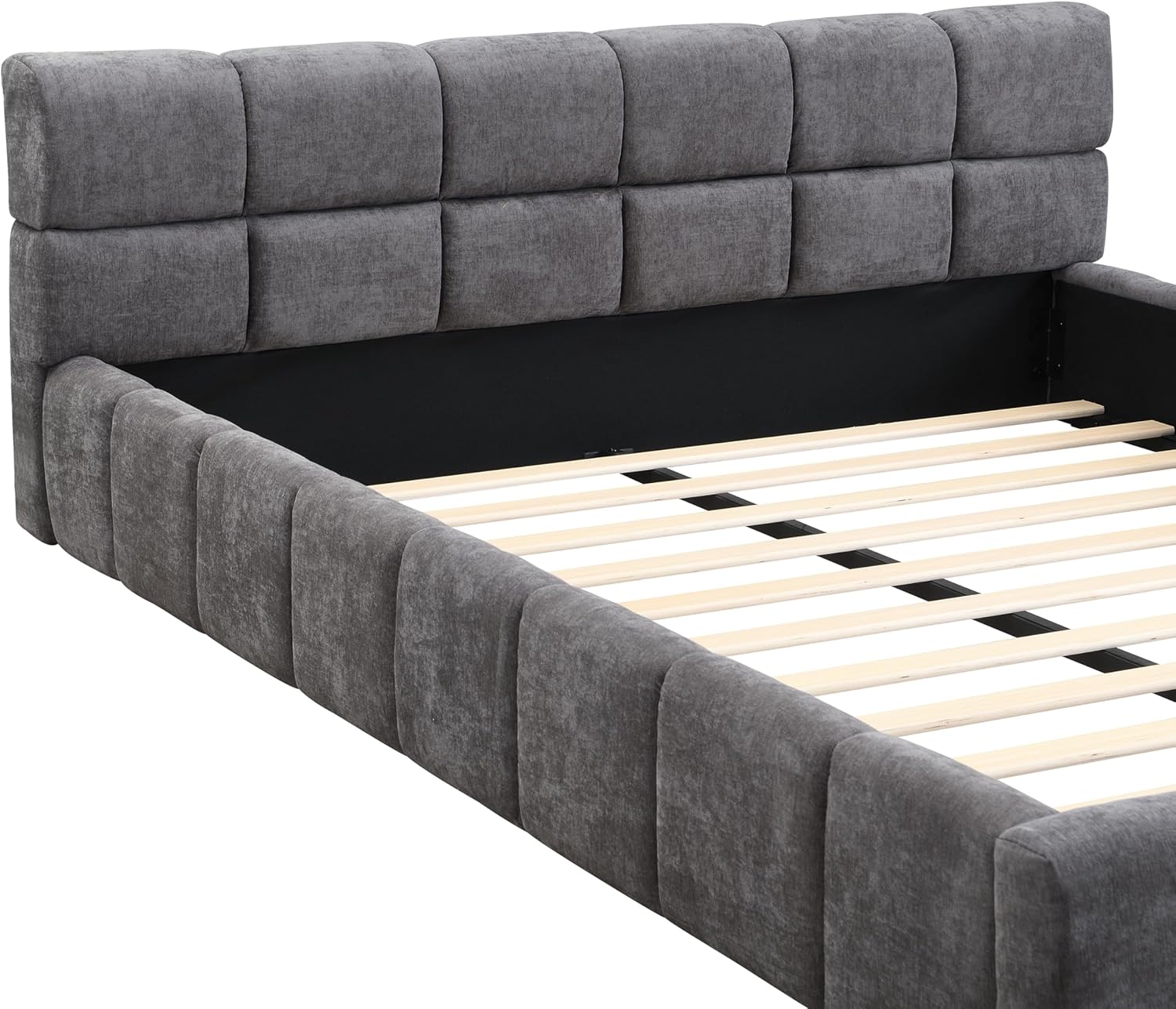 JIJIWANG Elegant Chenille Queen Size Upholstered Platform Bed, Boucle Bed with Checkerboard Design Thick Headboard and Footboard, Upholstery Grounded Beds, Block Style, Grey