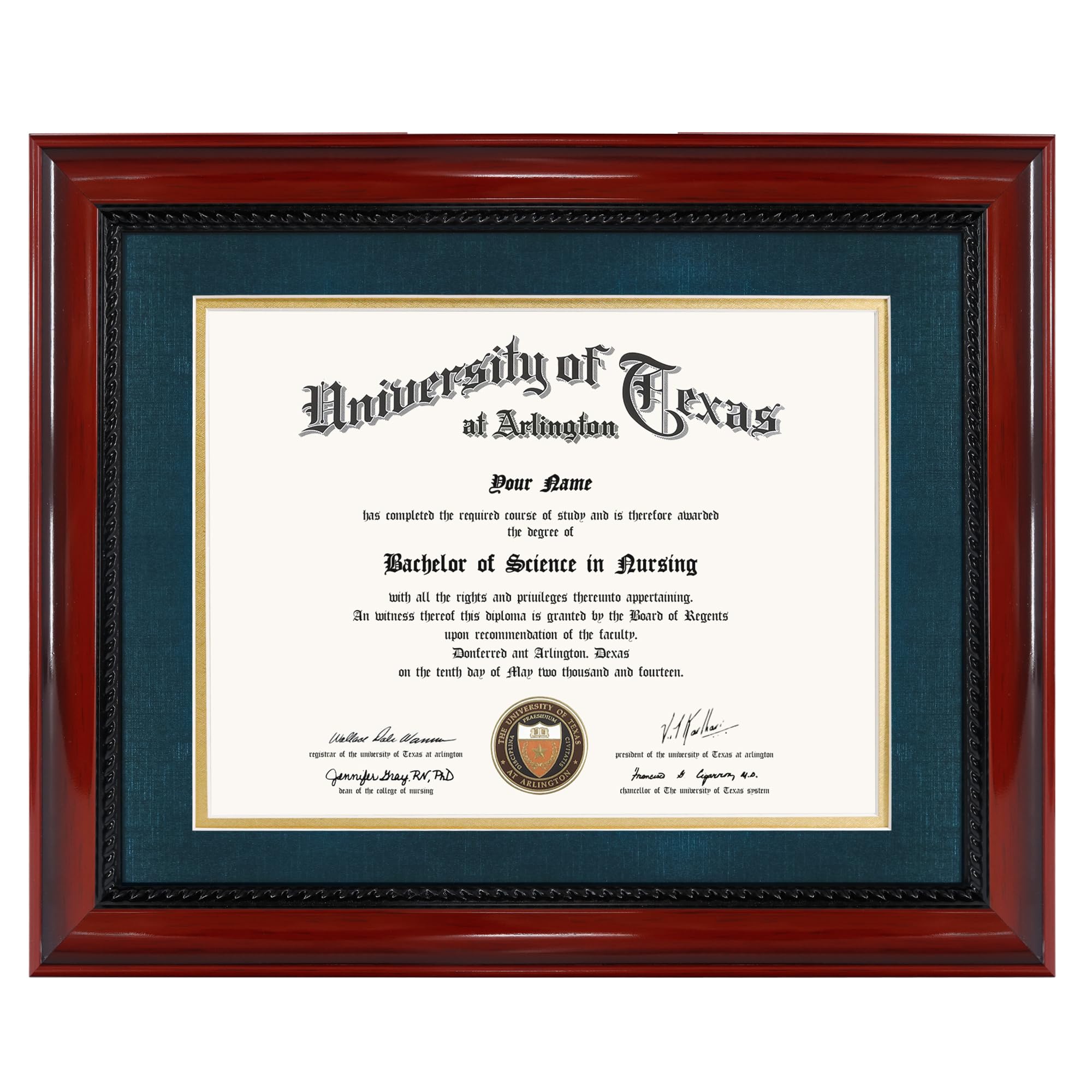 GMFrames 8.5x11 Diploma Degree Frame with Navy Mat or Display 11x14 Certificates without Mat,Solid Wood,Cherry Finish with Intricate Black Rope Detail,UV Protection Acrylic
