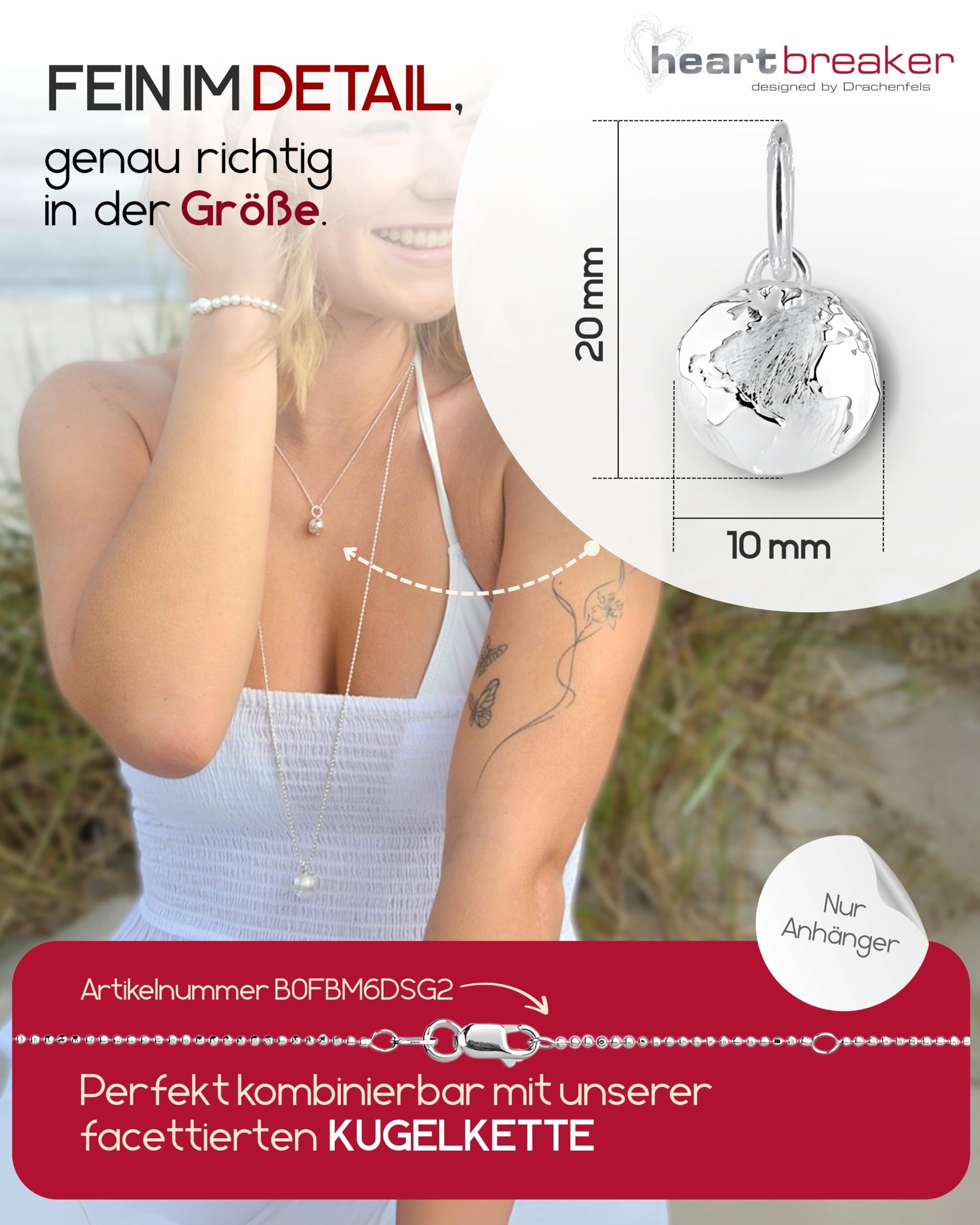 Heartbreaker Weltenbummler Anhänger klein I Edler Weltkugel-Schmuck aus 925 Sterling Silber I Nickelfreier Globus-Charm in Goldschmiedequalität I Welt-Schmuckanhänger inkl. Verpackung I LD WB 32