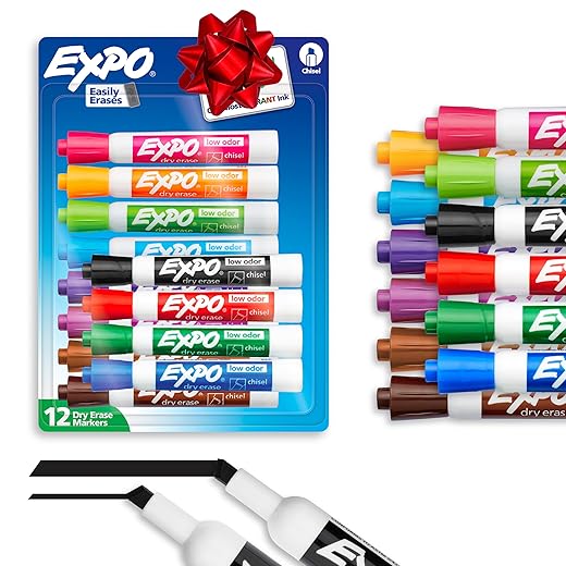 EXPO Low Odor Dry Erase Markers, Chisel Tip Whiteboard Markers, Great Stocking Stuffer and Teacher Gift, Assorted Colors, 12 Count