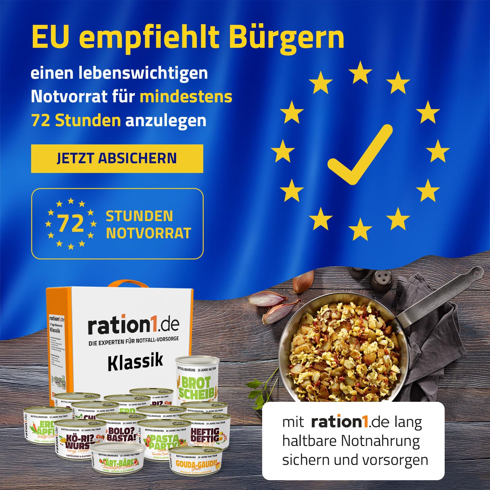 ration1 Notration Fertigessen Set, Notfallnahrung 10 Jahre haltbar | Nudeln, Currywurst, Kartoffeln, Hähnchen Curry, Brot mit Gouda und Erdbeer Aufstrich für Outdoor, Camping, Trekking, Survival