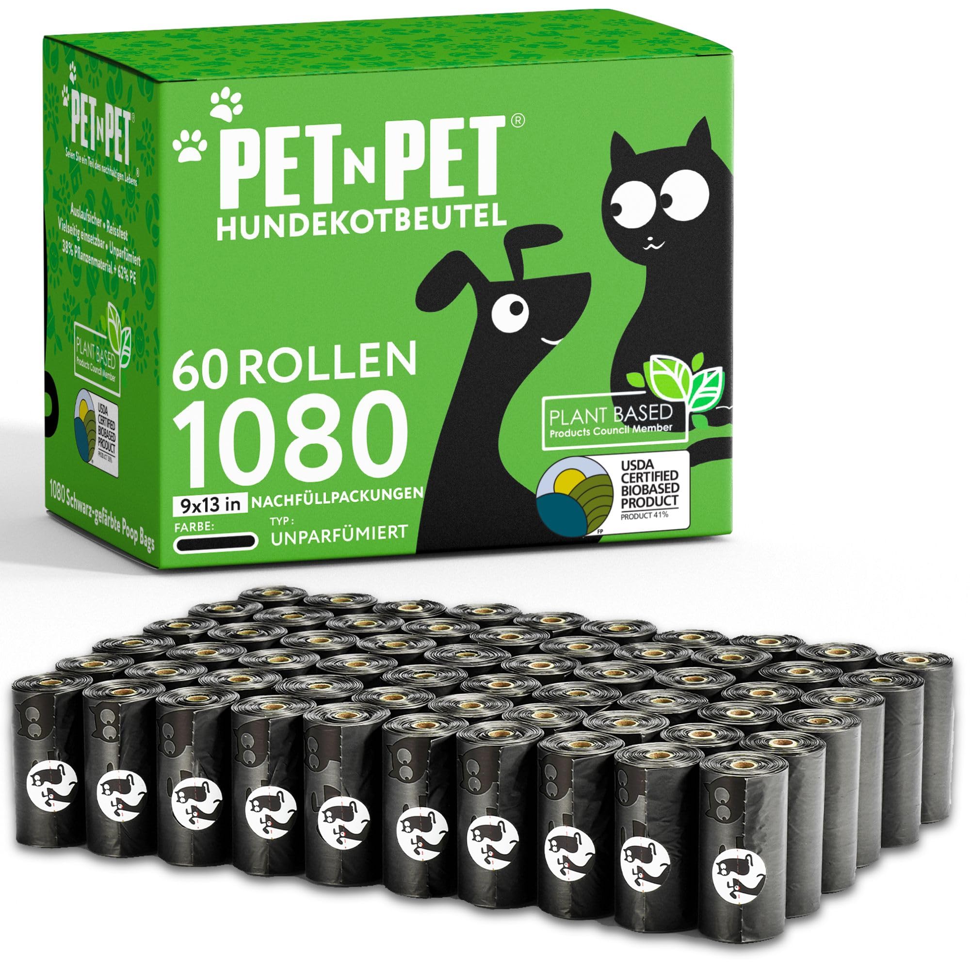 PET N PET Hundekotbeutel, 1080 Stück, 60 Rollen Kotbeutel, Schwarz | Extra dick & reißfest, 41% pflanzenbasiert, Geruchlos, Auslaufsicher, kotbeutel für hunde & Katzenstreubeutel