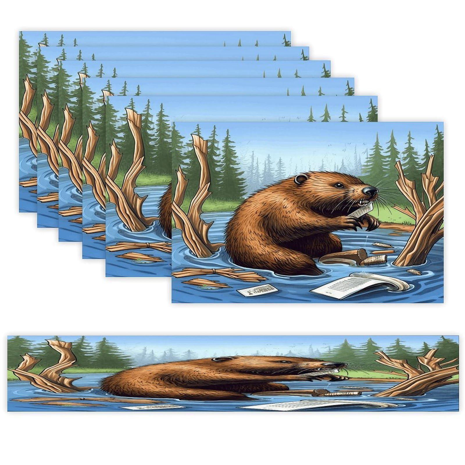 Busy Beaver Cartoon Table Runner and Placemats of 6 Washable Heat Resistant Place Mats with Table Runner Vintage Holiday Table Mat Set for Holiday Party Kitchen Dining Deco