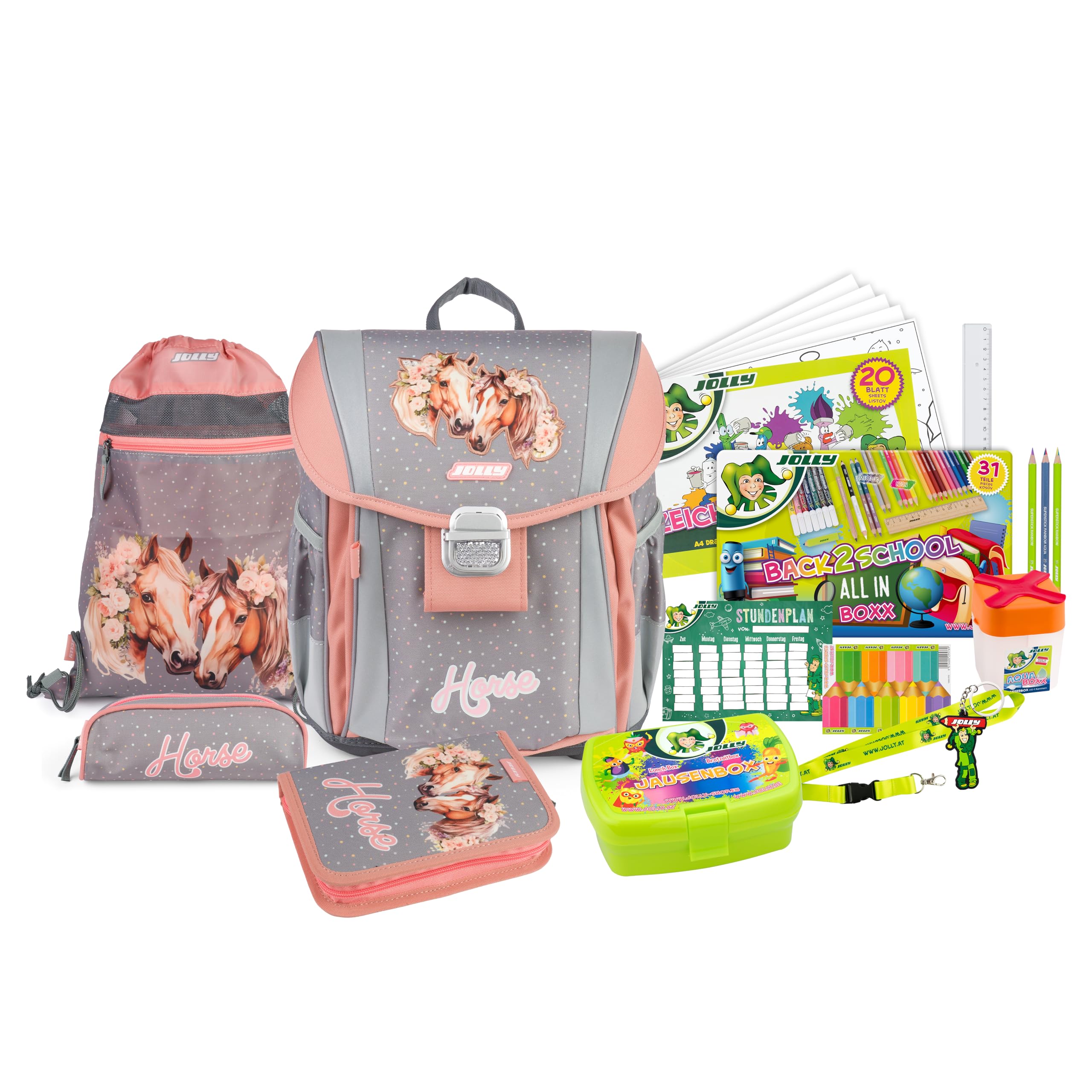 JOLLY Schultaschen Set Classic Horse – Ergonomischer Schulranzen, 46-teiliges Schulset mit Turnbeutel, Federpennal & Zubehör, für Kinder 6–10 Jahre