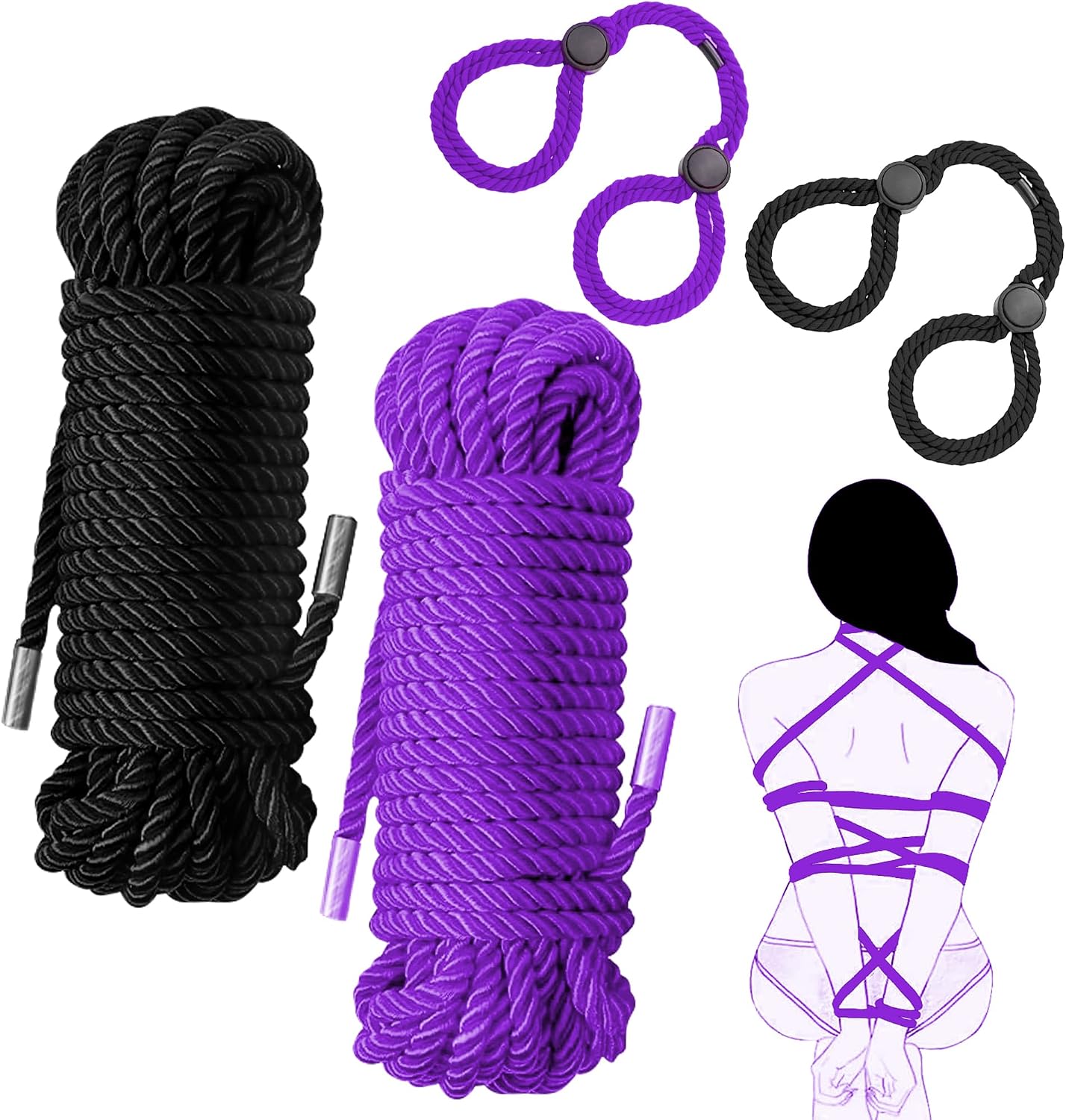 BDSM Bondage Rope Kit 4PCS Sex Restraints with 2x32ft Soft Nylon Ropes (Black & Red) & 2 Adjustable Bondage Straps BDSM Gear for Couples Bedroom Use Adult Sex Toys