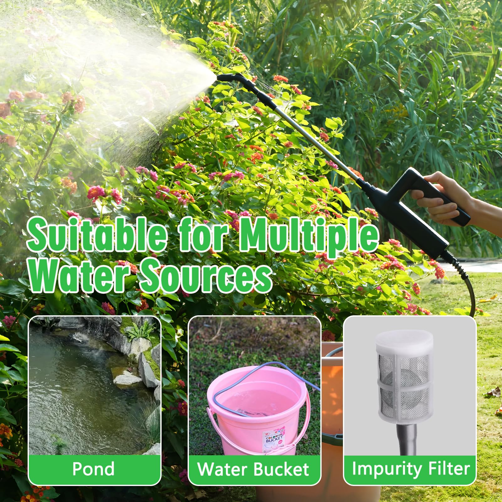 Spruzzatore Giardino, Nebulizzatore Giardino Nebulizzatore a Batteria con Asta Telescopica da 60-110 cm Tubo 8m e 3 Ugelli Nebulizzatori Atomizzatore a Batteria Ricaricabile per Giardino Prato