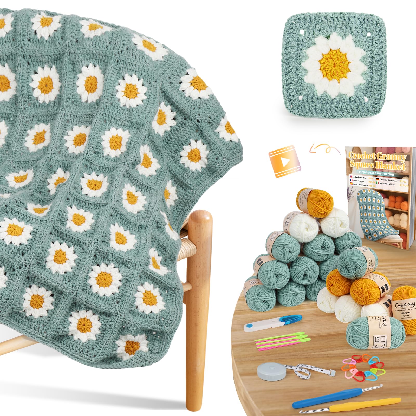 Coopay Kit Crochet Debutant Complet pour Granny Square avec 22 Pelotes de Laine Crochet à Crocheter Couverture à Marguerites, Livret en Français, Vidéo Tutoriel, Cadeau de Crochets Tricot