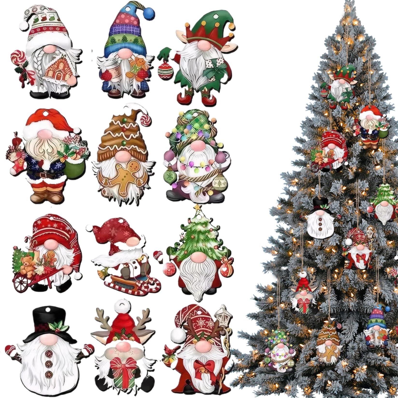 Peosaard 48Pcs/2Sets Christmas Ornaments, 48 Pcs Christmas Tree Ornaments, Wooden Gnomes Pendant With Hanging Rope 3.15" Xmas Tree Hanging Ornament For Wreaths Garlands