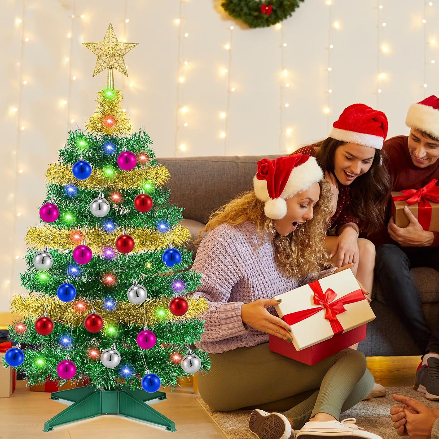 [ 12 Modes & Timer ] 3 Ft Green & Gold Small Christmas Tree with 50 Warm White, 20 DIY Ornaments, Battery Operated Small Christmas Tree Indoor Home Table Fireplace Holiday Xmas Christmas Decorations