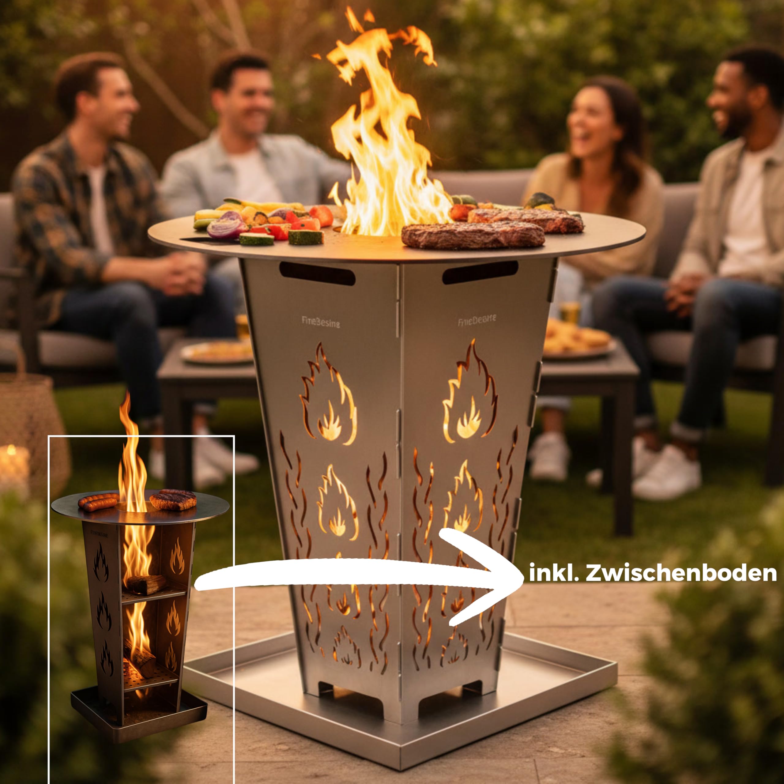 FireDesire Grill Pro Feuerkorb 80cm + Grillplatte + Ascheschale, Feuertonne, Feuerschale, Grilltonne, Ofen, Terassenofen, Grill, Stahlkorb, Plancha, Gartenfeuer