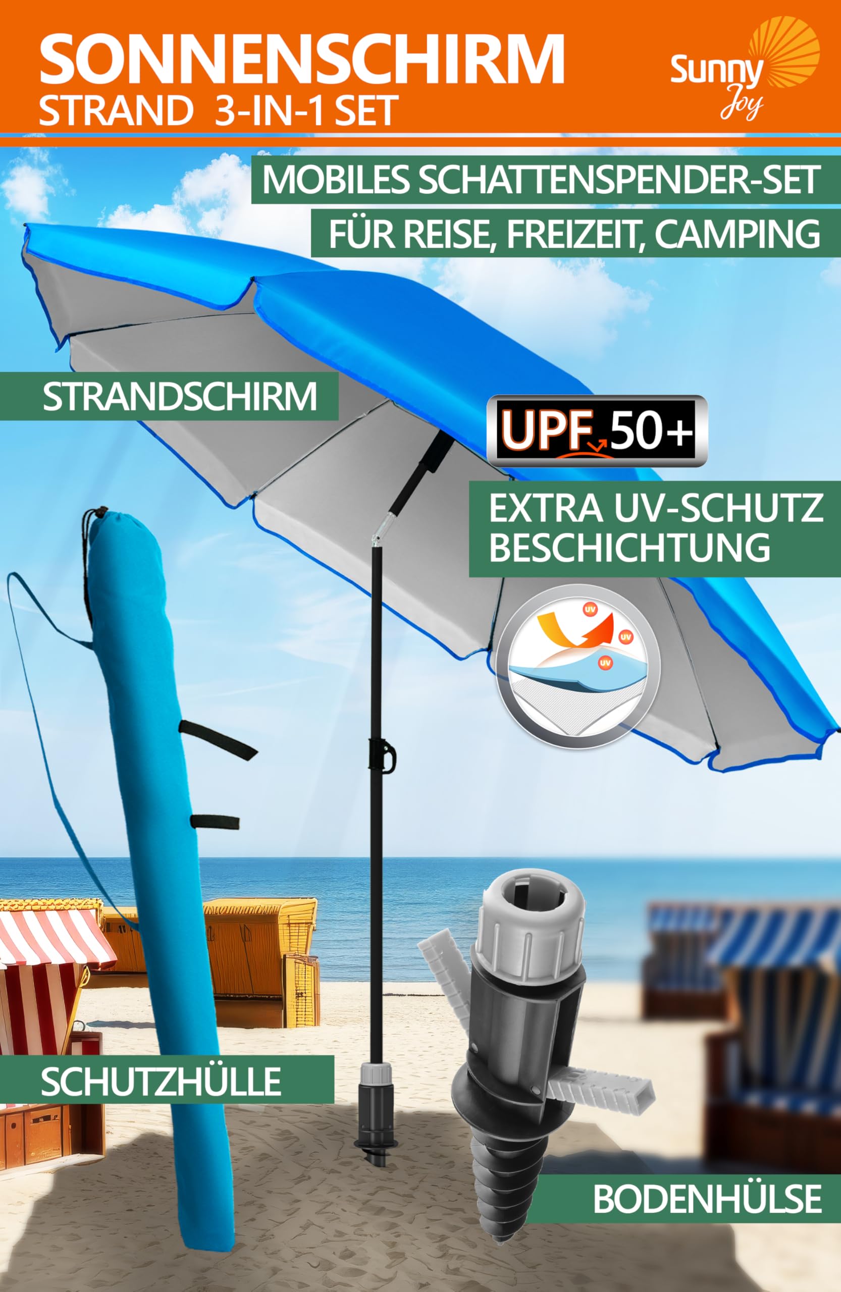 4smile Sonnenschirm Strand SunnyJoy 3-IN-1-SET, Fb. Blau - Strandschirm Ø 180 cm + Bodenhülse + Schutzhülle - Strandschirm windfest stabil, Sonnenschirm mit UV-Schutz 50+
