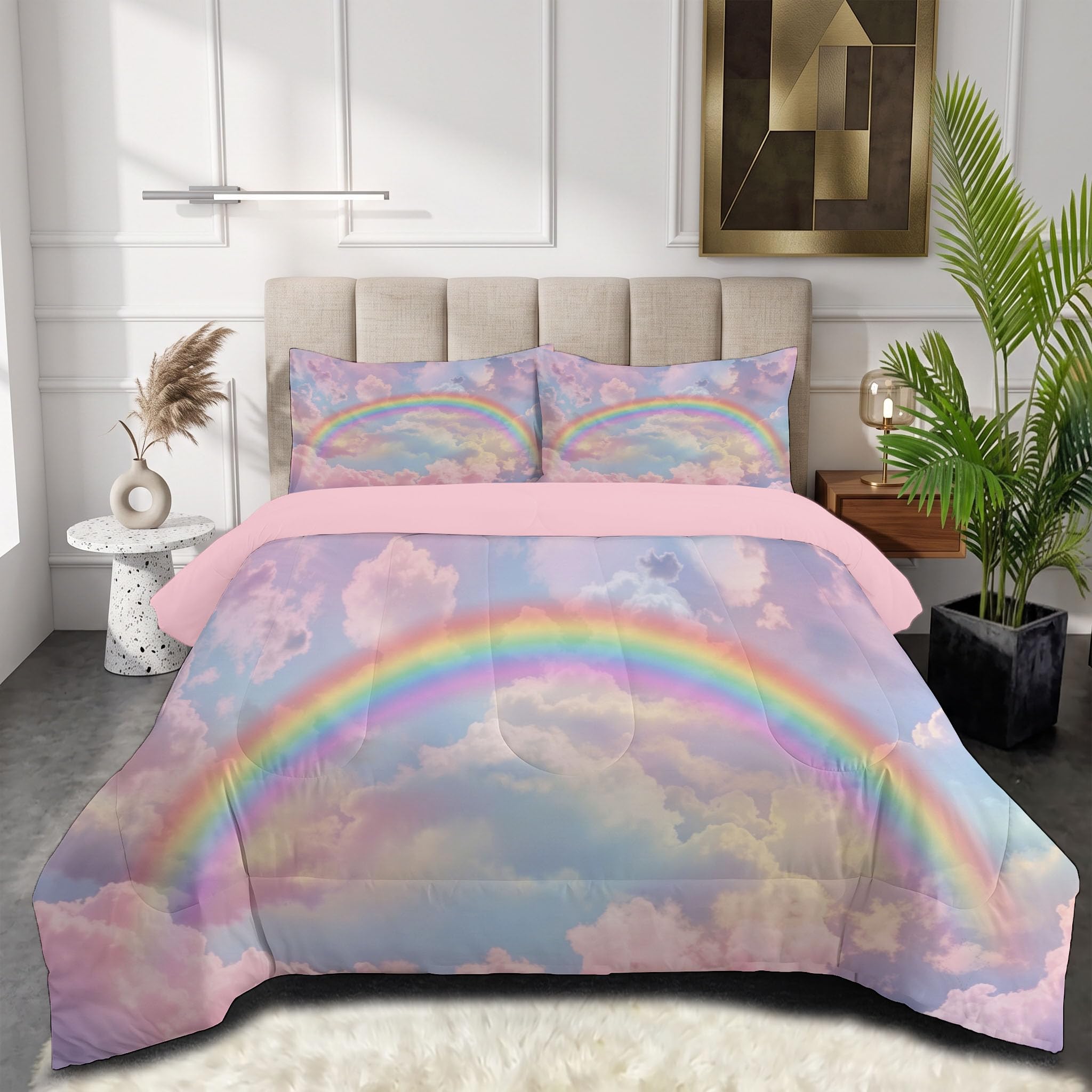 Copriletto Trapuntato Per Bambini Con Cielo Arcobaleno Da Sogno | Trapunta Matrimoniale Invernale, Blu Polvere, Piumone Caldo Morbido Romantiche Nuvole Zucchero Filato Per Decorazione Camera Da Letto