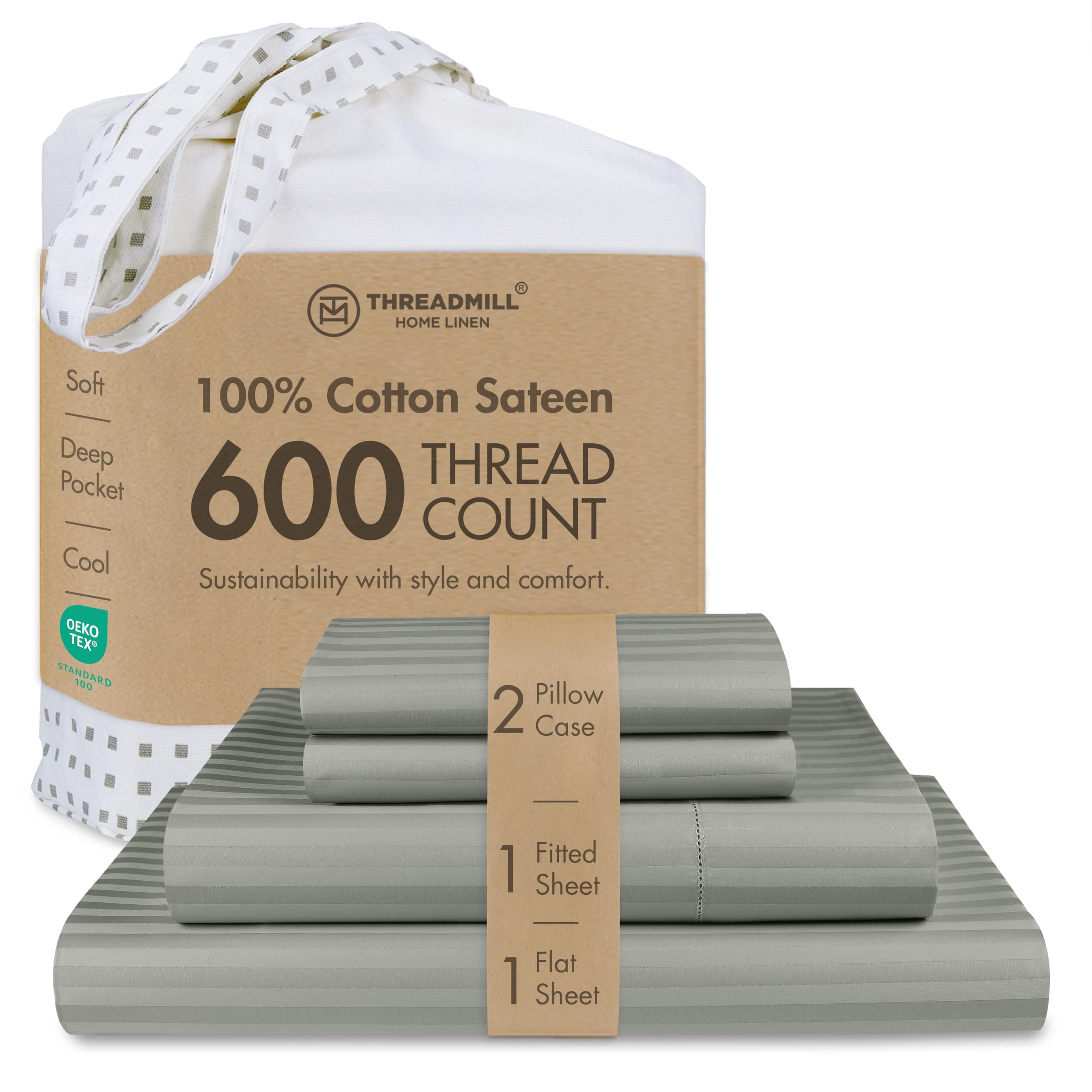 Threadmill Home Linen King-Size Sheets - 100% Natural Cotton 600 Thread Count, 4 Piece Damask Moonrock Grey Sheet Set, Breathable ELS Combed Cotton, Striped Sheets with Elasticized Deep Pocket โ image 1