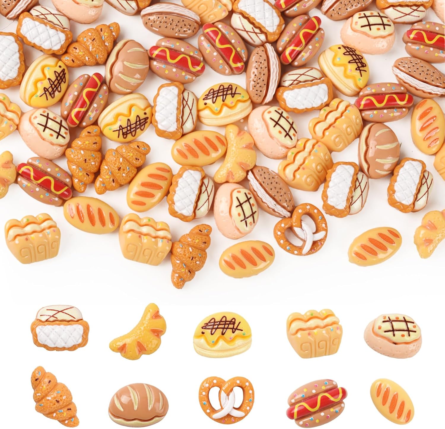 100CS Mini Bread Miniature Bread Bulk Mixed Styles Resin Bakery Food for Photography Props Home House Desk Shops Party Display Decor