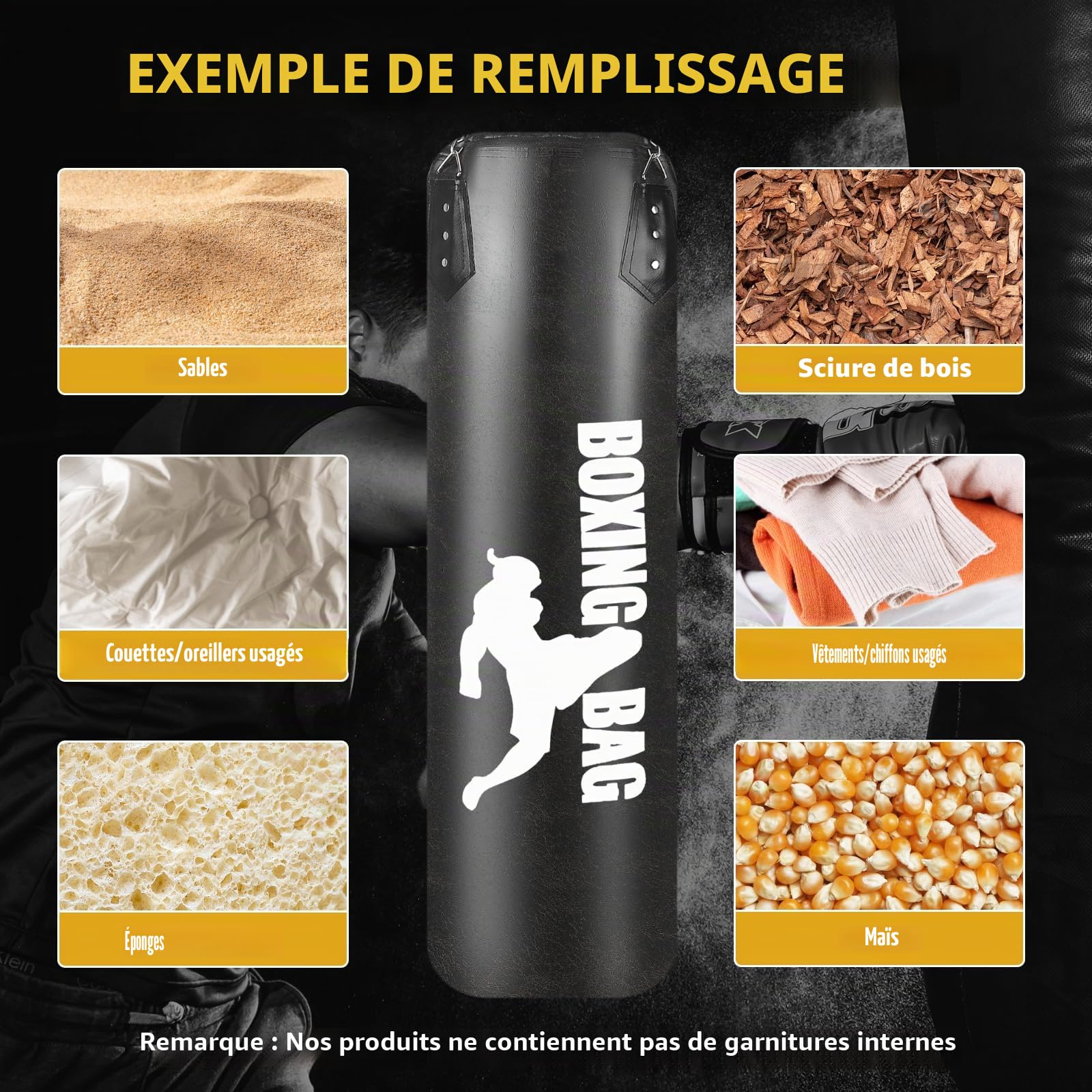Sac de boxe pour adulte 120 cm pour garçon et enfant unisexe pour intérieur et jardin avec gants de boxe, enveloppes, chaîne, crochets de plafond pour MMA Grappling Muay Thai