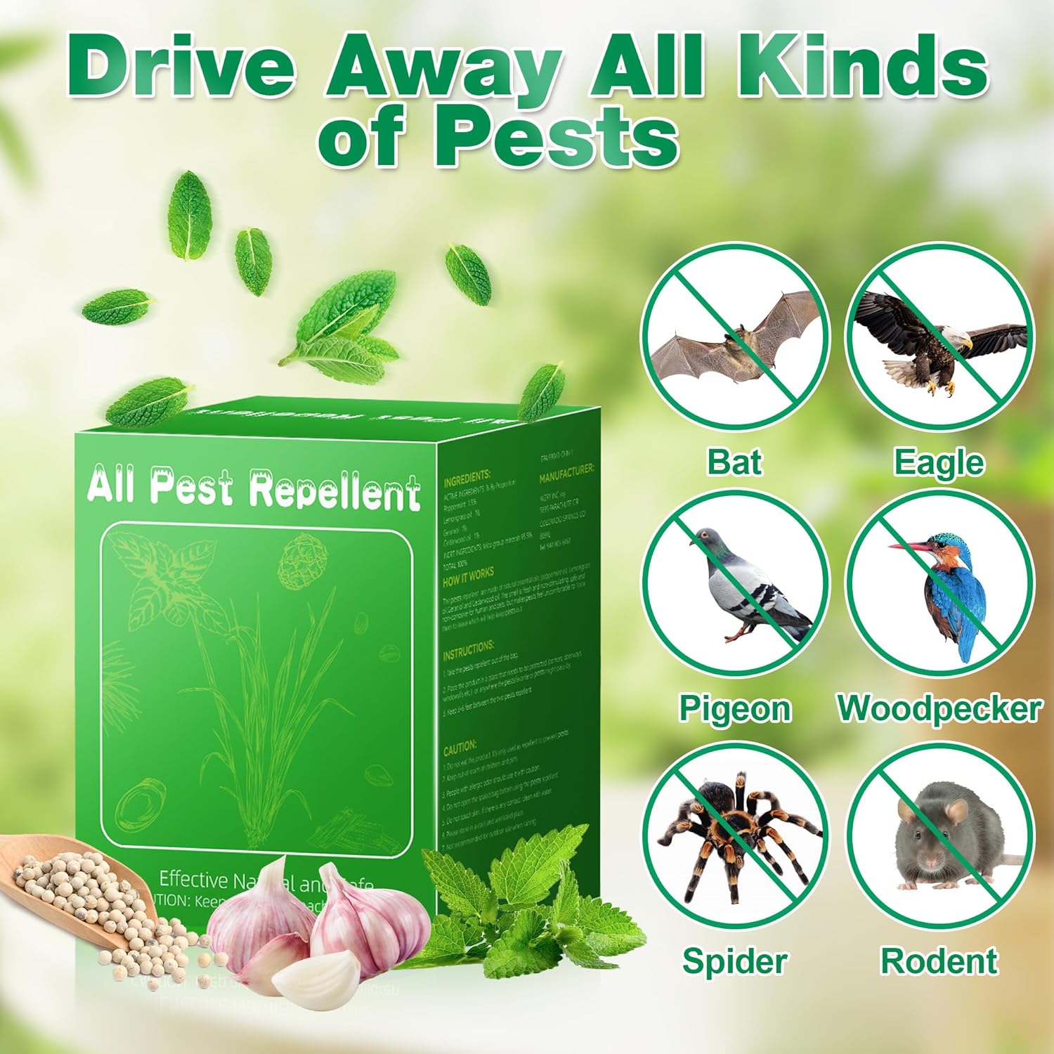 24 Pack Bat and Bird Repellent - Natural Peppermint Oil Eagle Repellent for Attic Indoor Outdoor Patio Garden Porch, Pet and Family Safe, Ready to Use, Dark Green