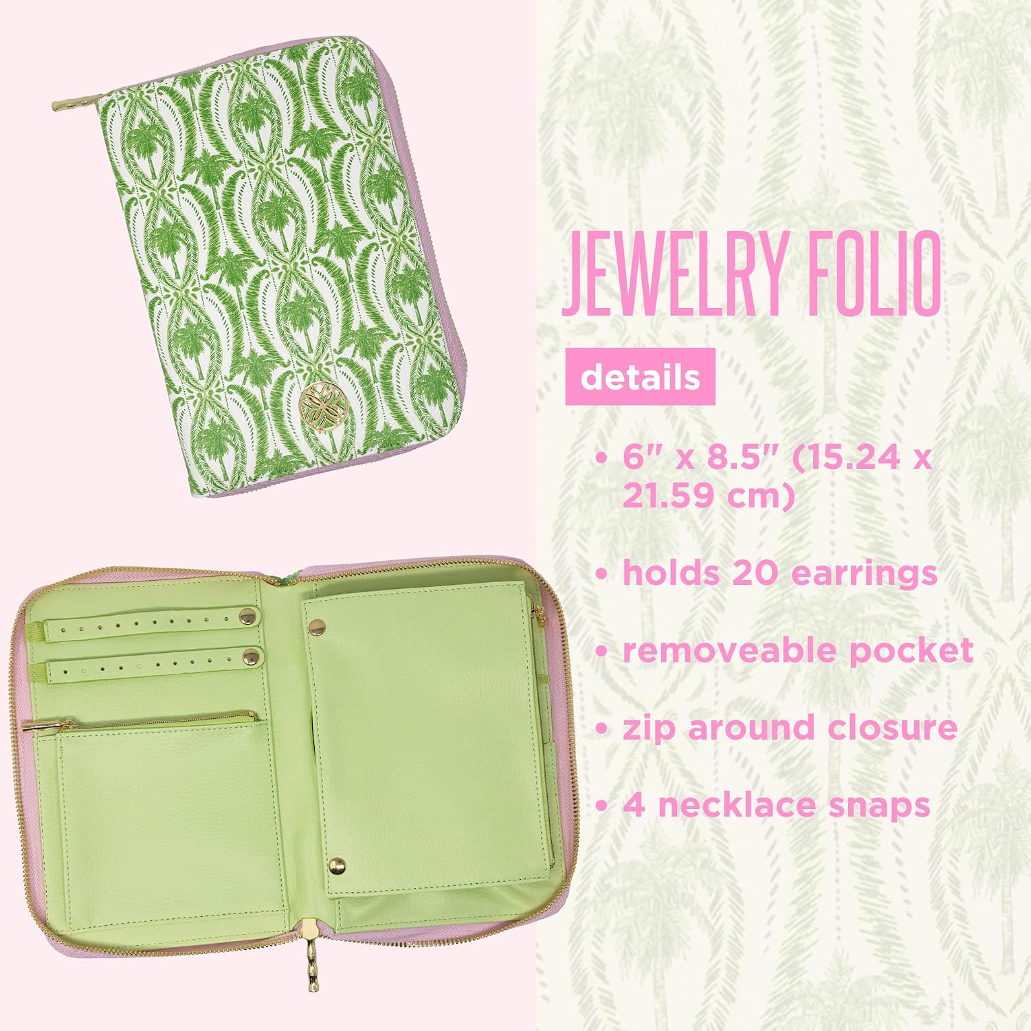 Lilly Pulitzer Travel Jewelry Organizer Folio, Textured Palm Stripe