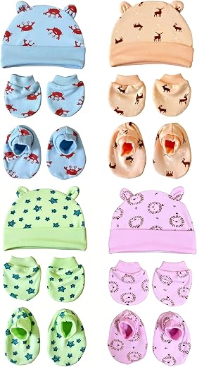 MOM'S Darling Cotton Cap, Mittens and Booties Set for New Born Baby (0-6 Months) - Pack of 4 Pairs for Baby Boy &amp; Girl 0-6...