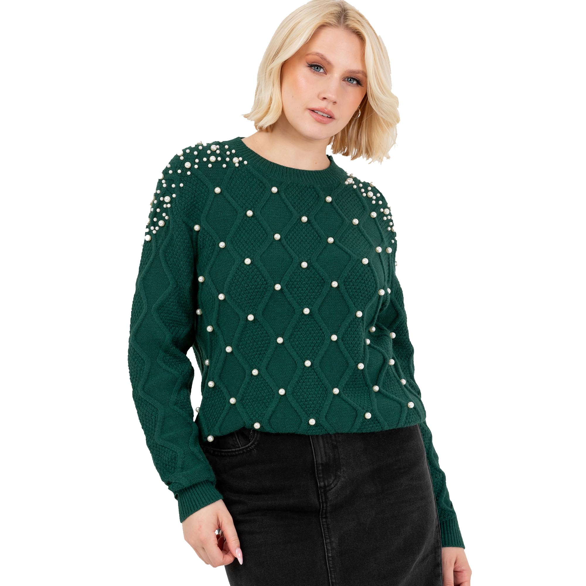 Lovedrobe Women's Crew Neck Jumper Ladies Cable Knit Long Sleeve Sweater Pearl Embellished Pullover Smart Casual Knitwear, Emerald Green 12-14