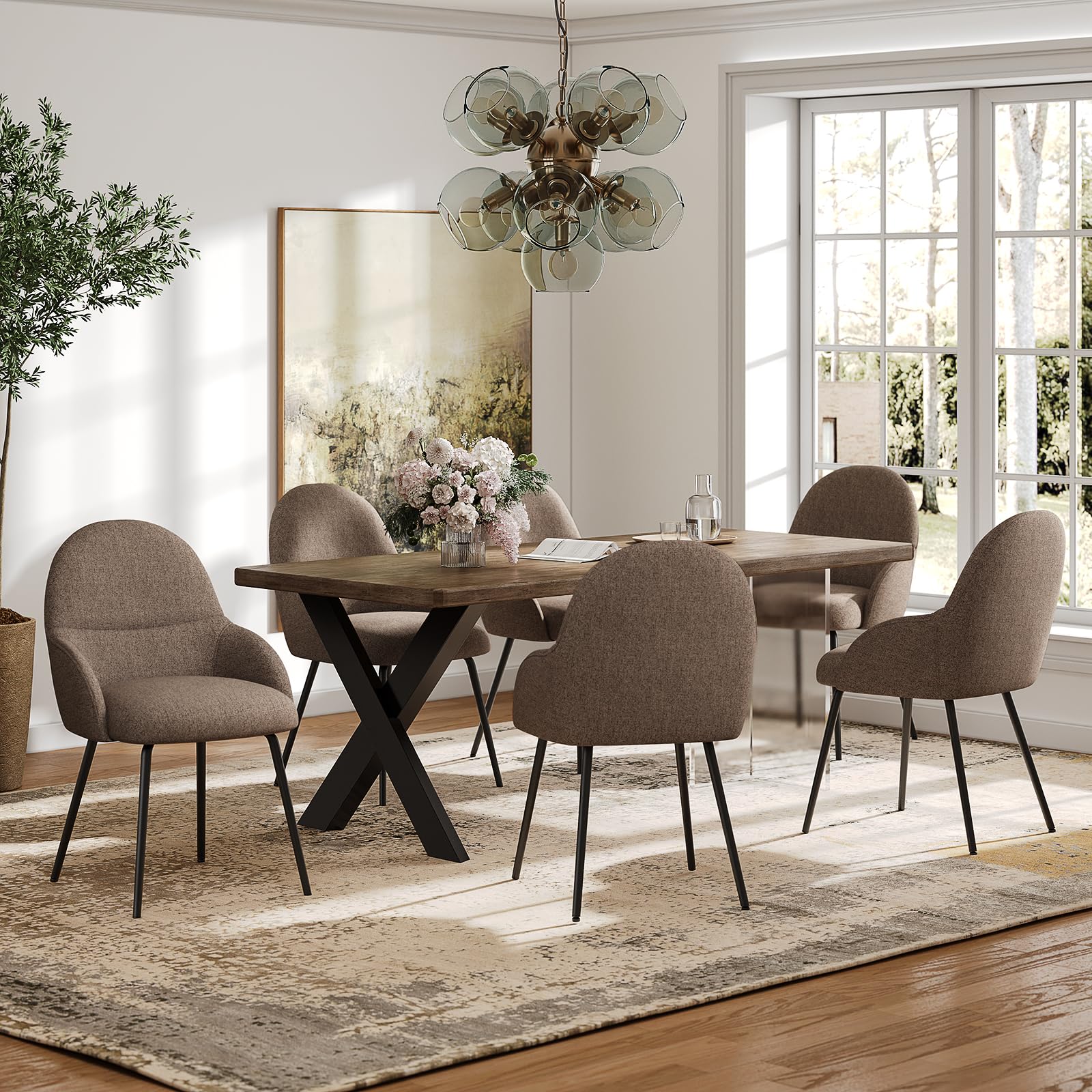 Salle à Manger Lot De 6 Chaises Design en Lin Marron, Assise RembourréE Spacieuse avec Accoudoirs, Pieds en MéTal Solides, AdaptéEs pour Cuisine Et Salon