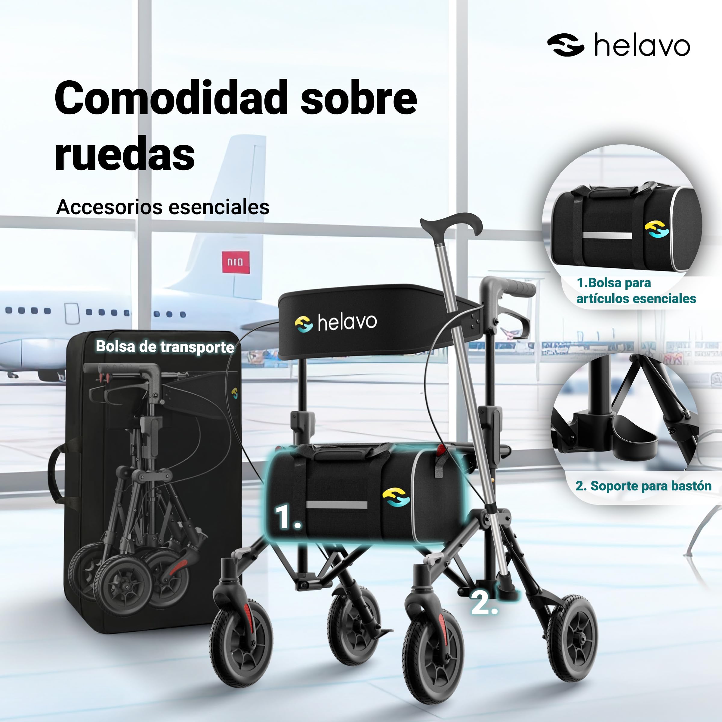 Helavo Andador de viaje plegable y ligero con asiento para personas mayores, andador doble plegable completamente premontado, ruedas de poliuretano de 8 pulgadas, asas ajustables en altura