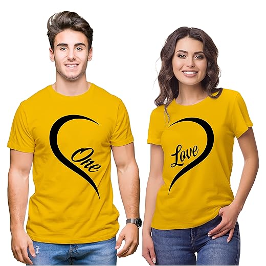 Hangout Hub Hangout-Hub-NP21 Couple Tshirts for Couples | Printed One Love Heart T-Shirts | Men's and Women's Round Neck T-Shirt (Pack of 2, Cotton)